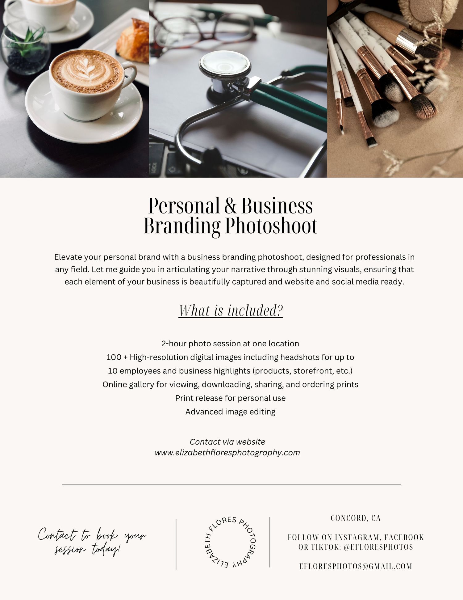 Marketing materials for personal branding photoshoot services with coffee cups and business tools on clean styled background.