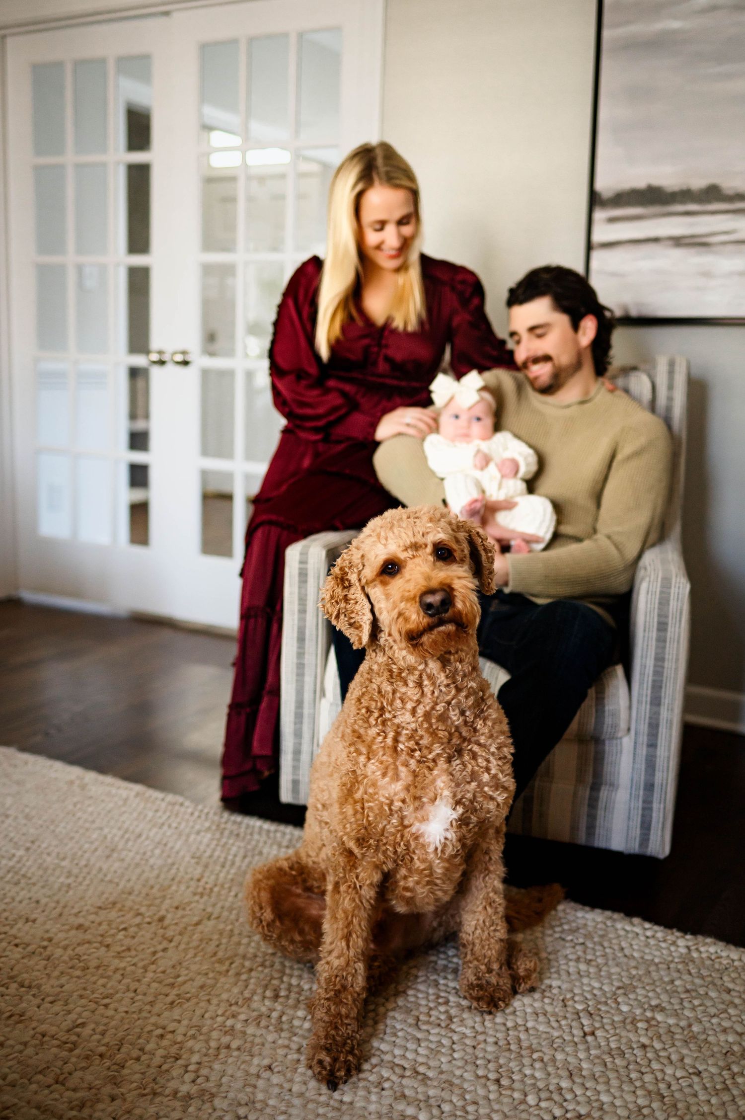 Goldendoodle dog sits in front of family with their baby in a cozy living room looking at the camera with raleigh newborn photographer