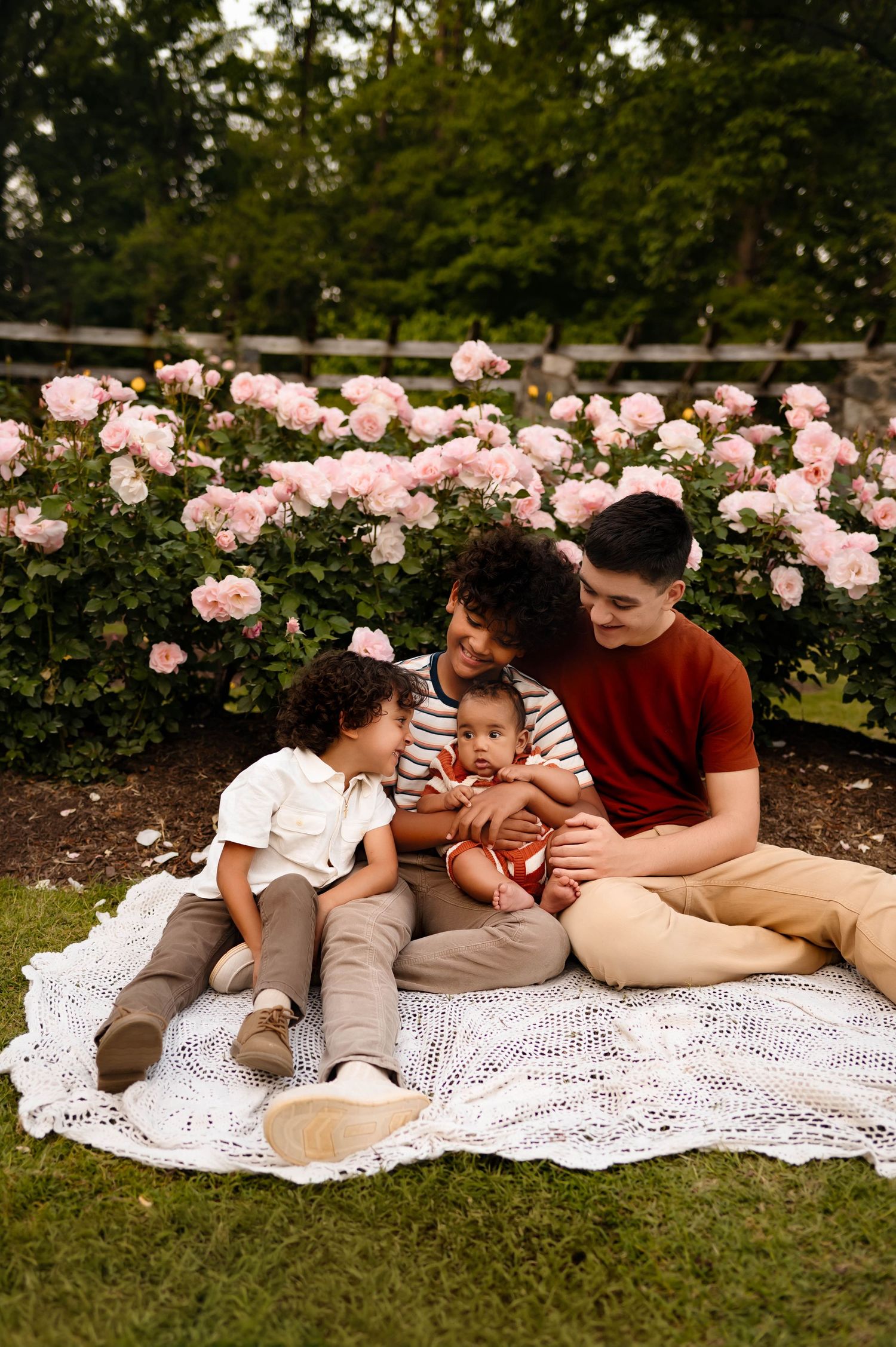 Children cuddle together on a white lace blanket in front of blooming pink rose bushes during their family photoshoot in wake forest nc
