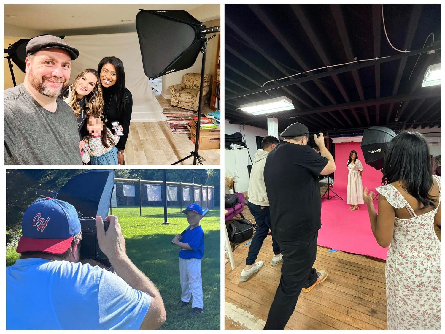 Professional photo shoot setup with subjects being directed in front of pink backdrop in studio space.