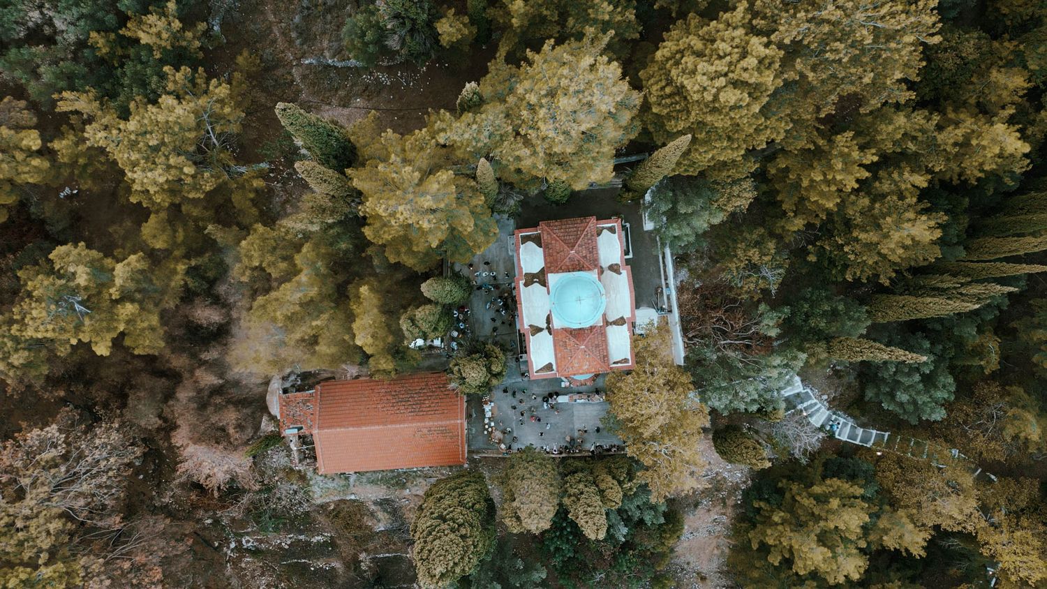 Aerial drone view of a picnic table surrounded by autumn trees in a dense forest setting.