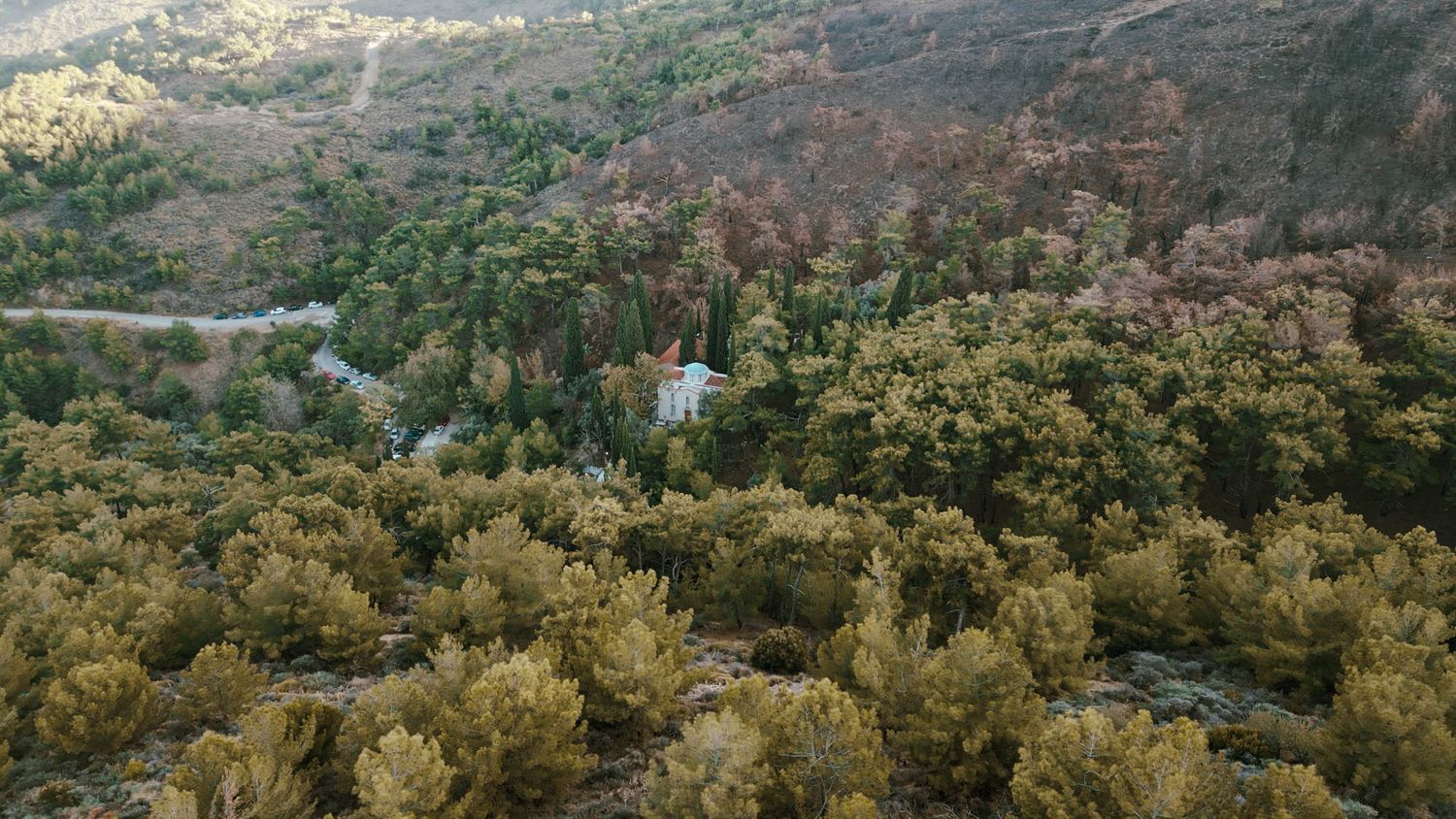 Aerial view of a white church steeple nestled in a lush green mountainous valley.