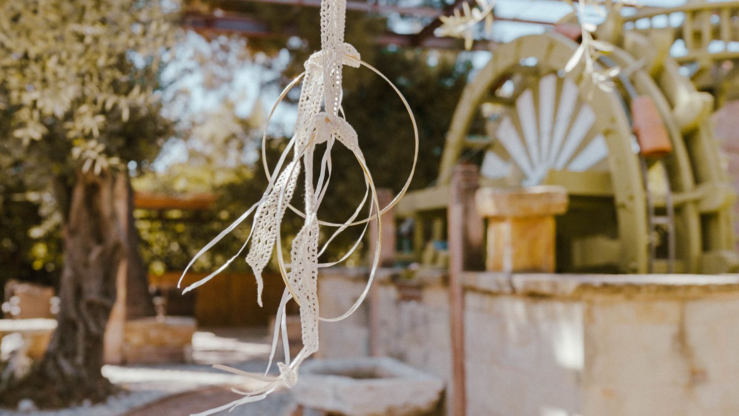Air plant hanging near rustic wooden window frame with decorative sunburst design on a sunny patio.