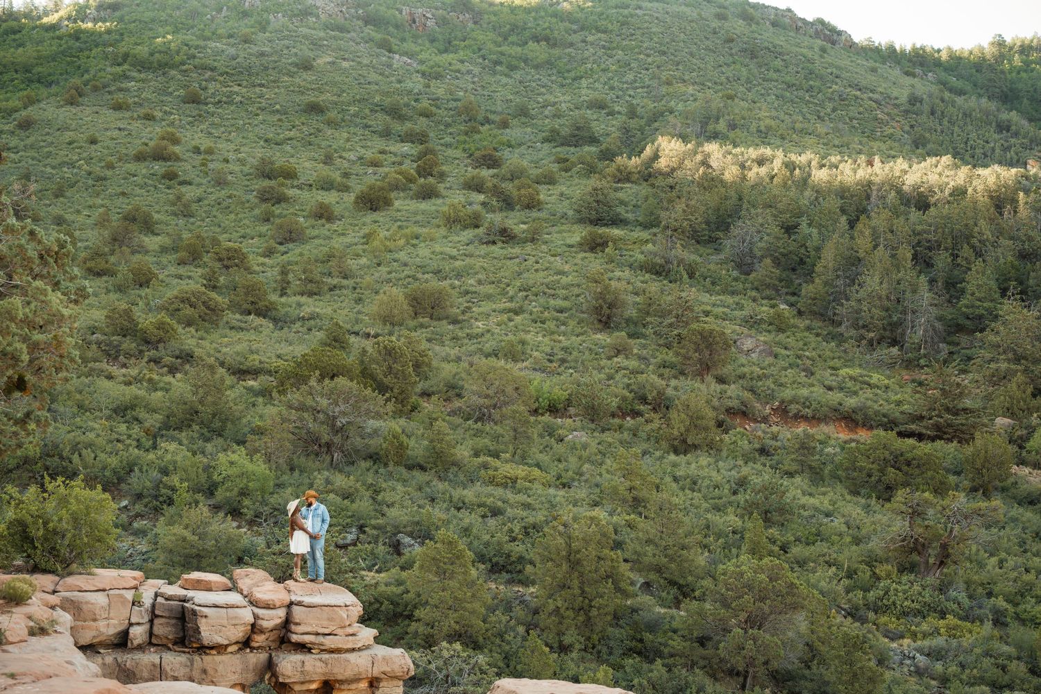 A person stands on a rocky outcrop overlooking a vast green hillside covered in shrubs and scattered trees at sunset.