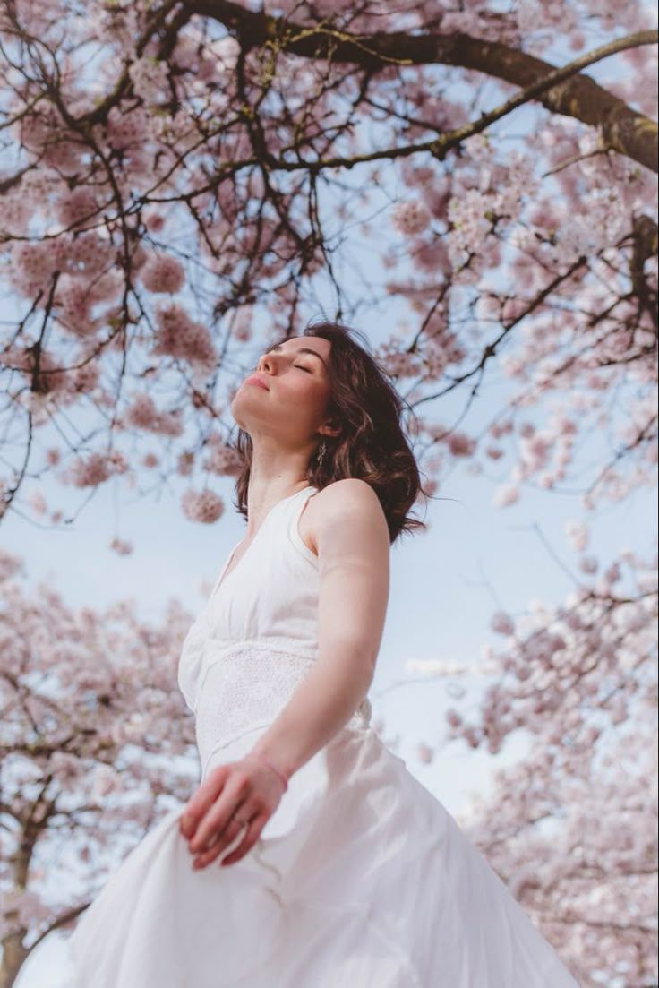 A dreamy spring scene with flowing white dress under blooming cherry blossoms against a soft blue sky Korea