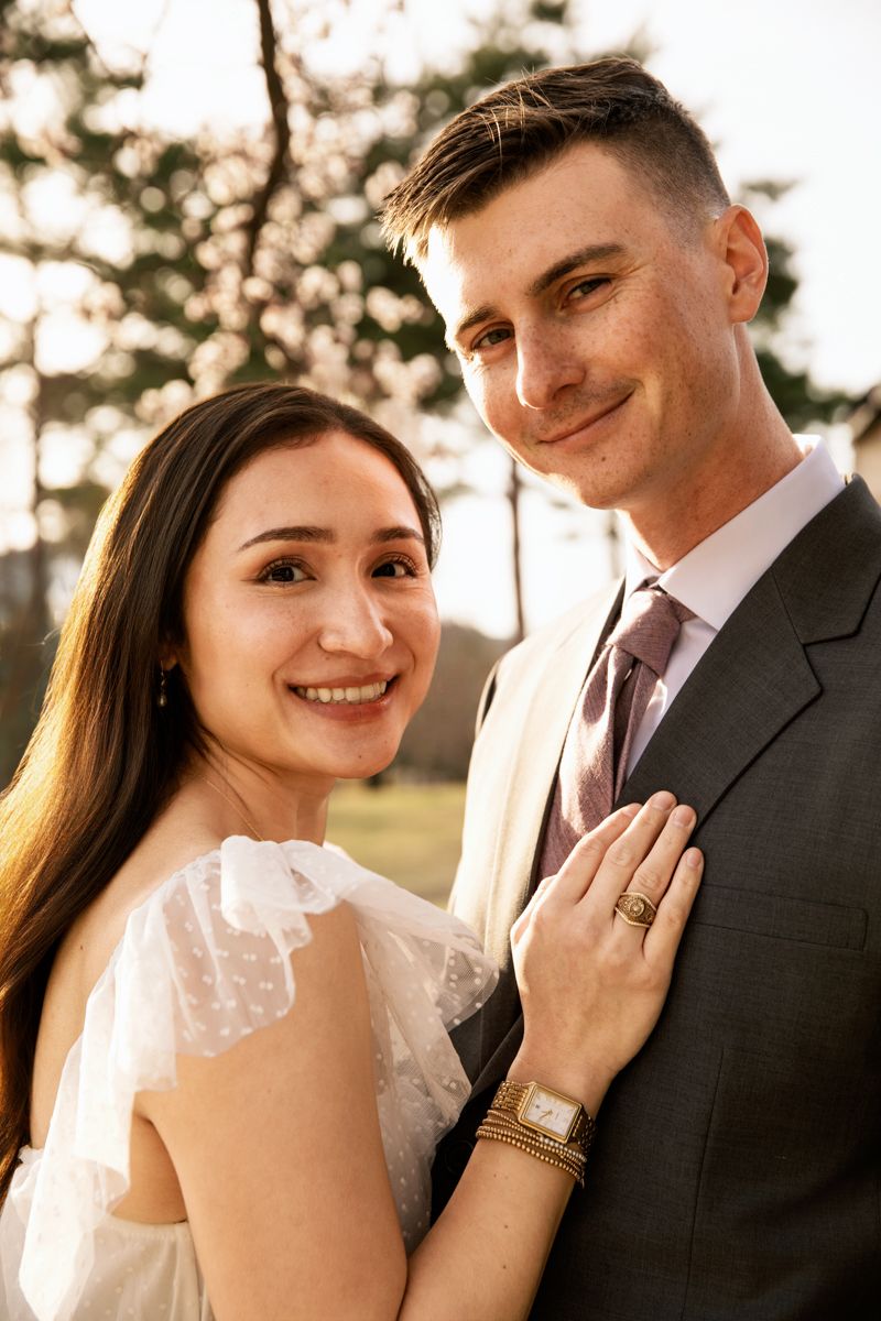 A romantic wedding photoshoot in golden sunlight showing closeup portraits of a couple in formal attire and a white veil.