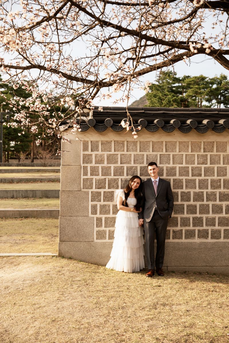 Wedding couple poses against stone wall under blooming cherry blossoms at traditional Asian temple grounds.