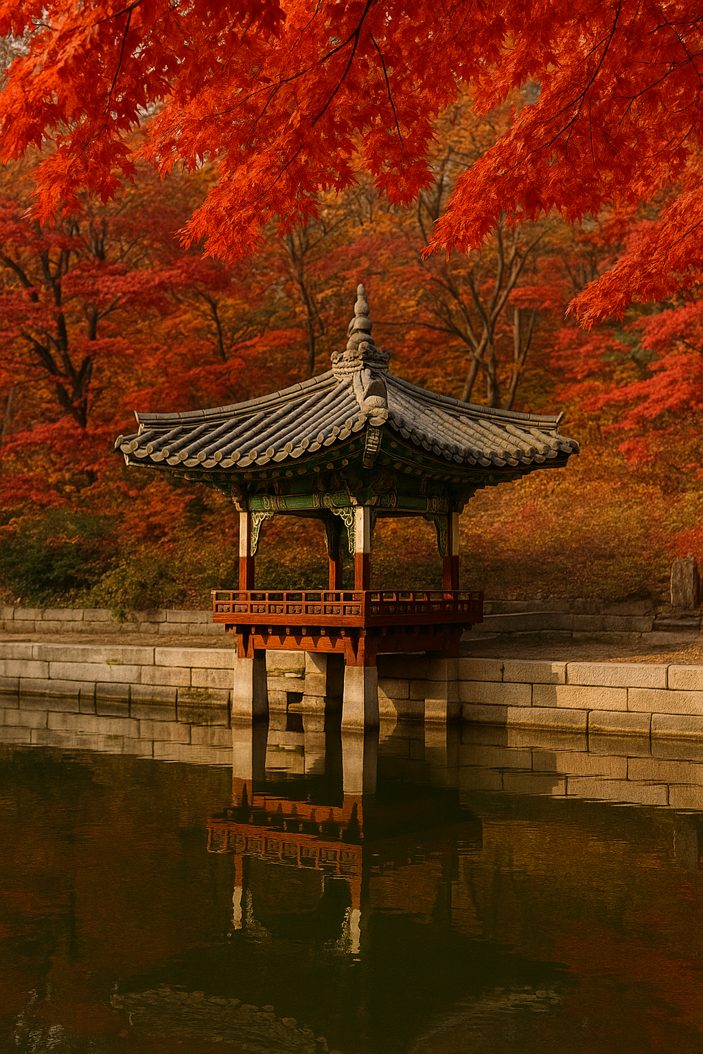 Traditional Korean pavilion reflects in still water surrounded by vibrant red autumn maple leaves in a palace garden.