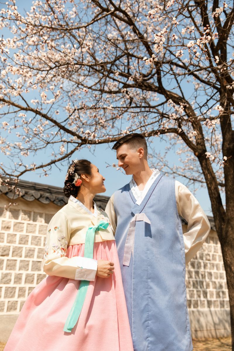 Couple enjoying spring cherry blossoms against blue sky in traditional Korean hanbok clothing and stone wall background.
