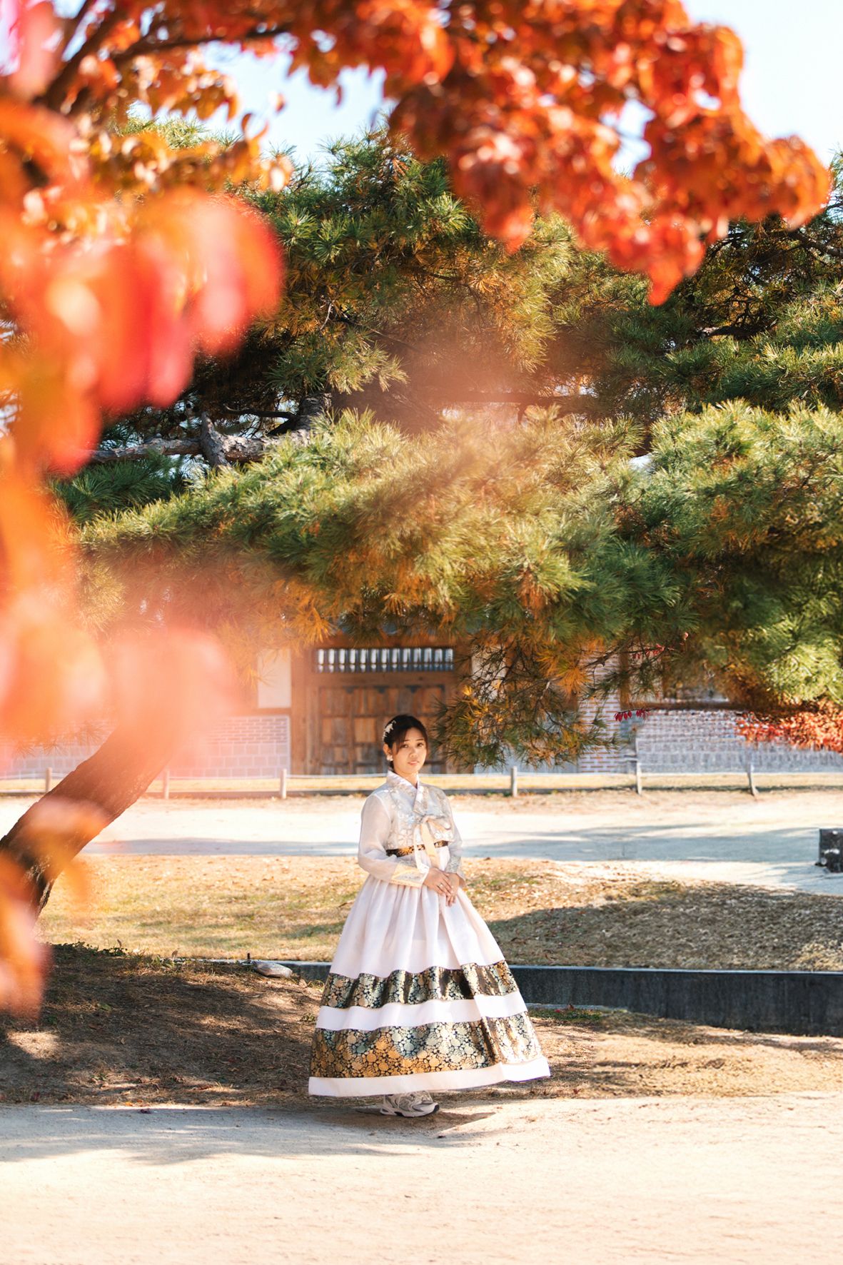 A traditional dress in autumn scenery with orange maple leaves framing view of Japanese temple grounds.
