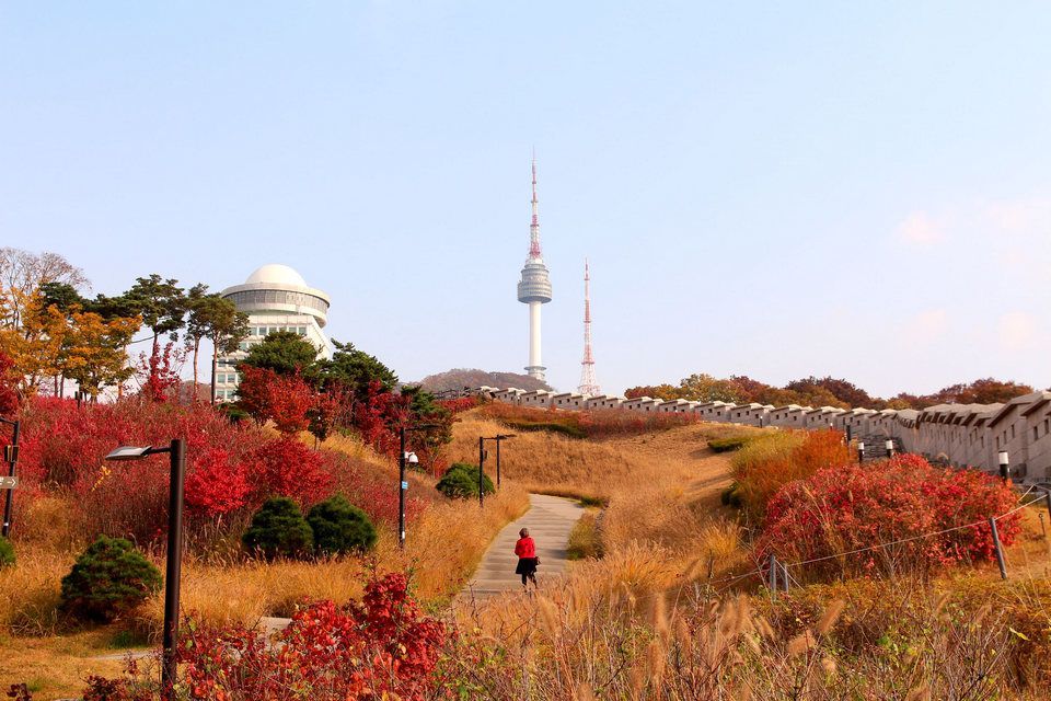 Namsan Park in Seoul during autumn with red foliage and N Seoul Tower visible against pastel sky.
