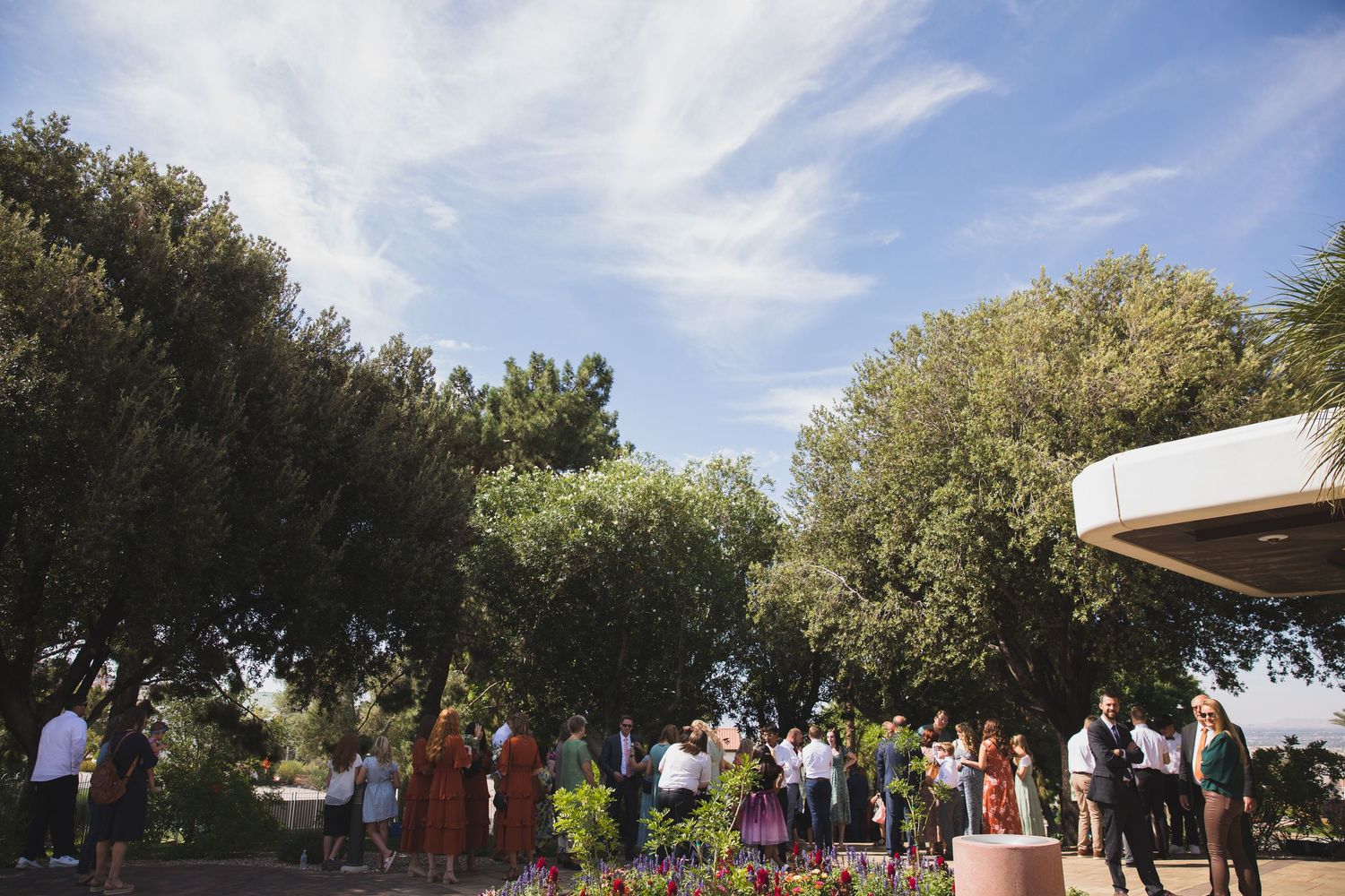 Outdoor wedding ceremony setup under large trees with guests gathered.