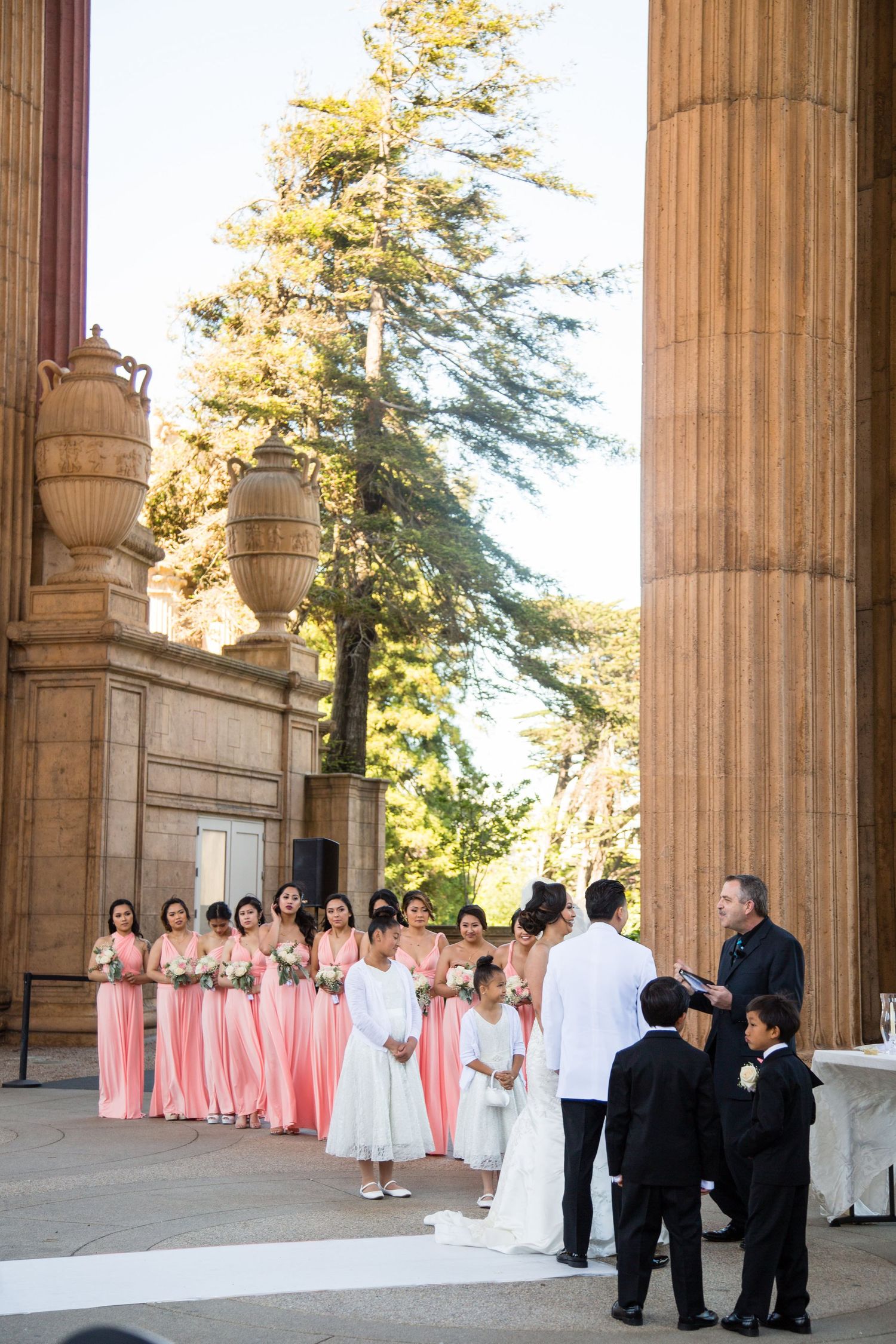 Wedding party lined up at elegant columned building entrance with bridesmaids in pink dresses.