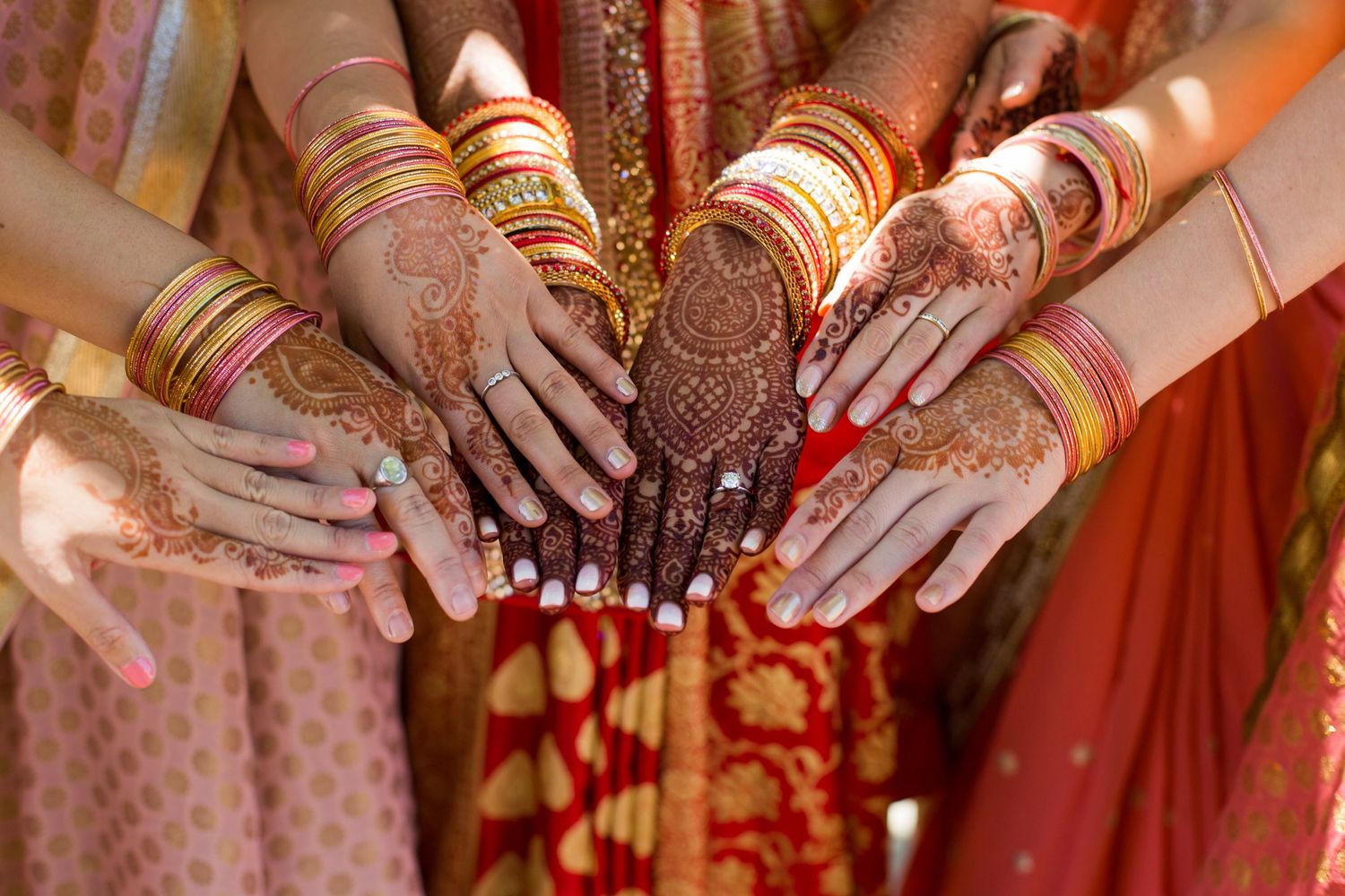 Multiple hands adorned with henna designs and gold bangles displayed in a circle.