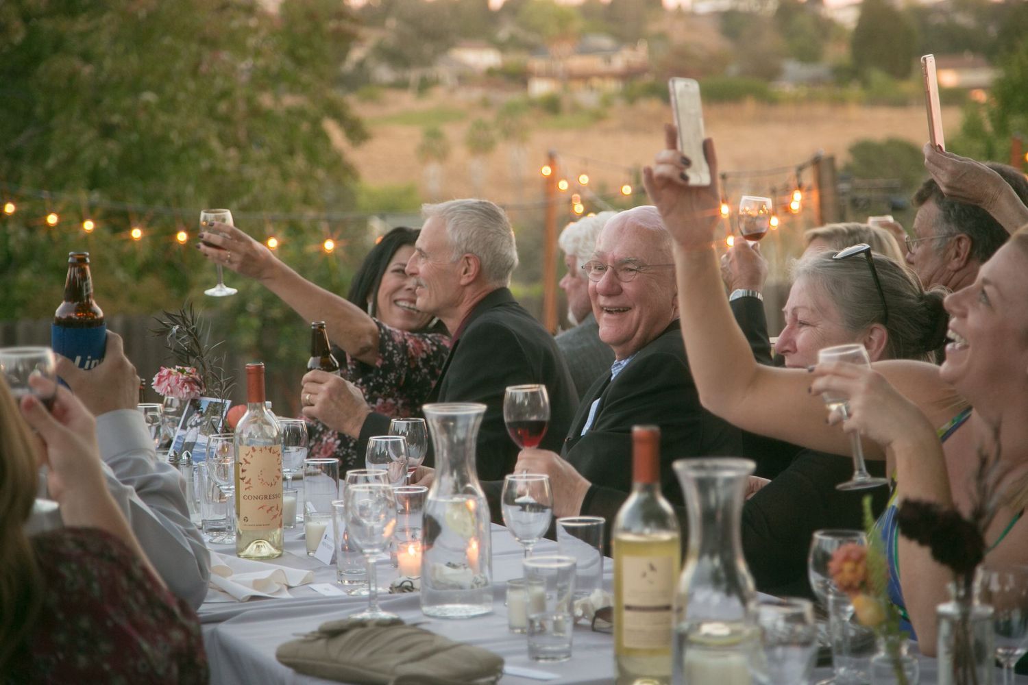 Wedding reception guests raise glasses in celebration at outdoor dinner table with string lights.