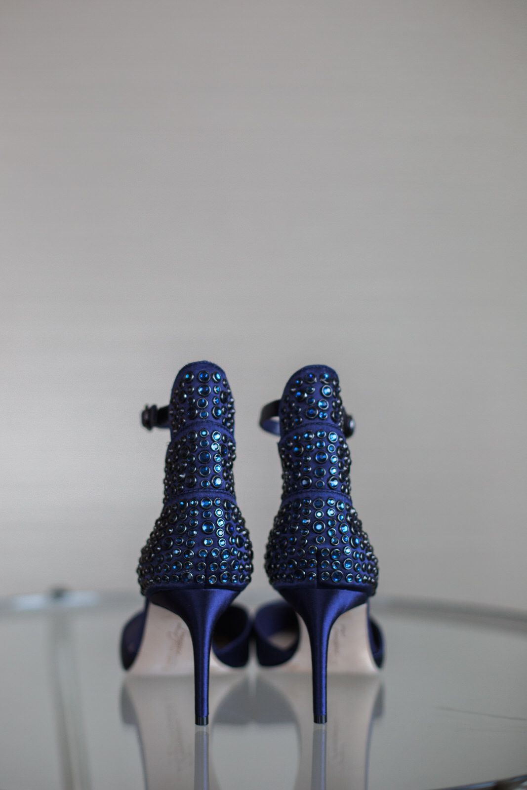 Sparkling blue high heel wedding shoes with crystal details.