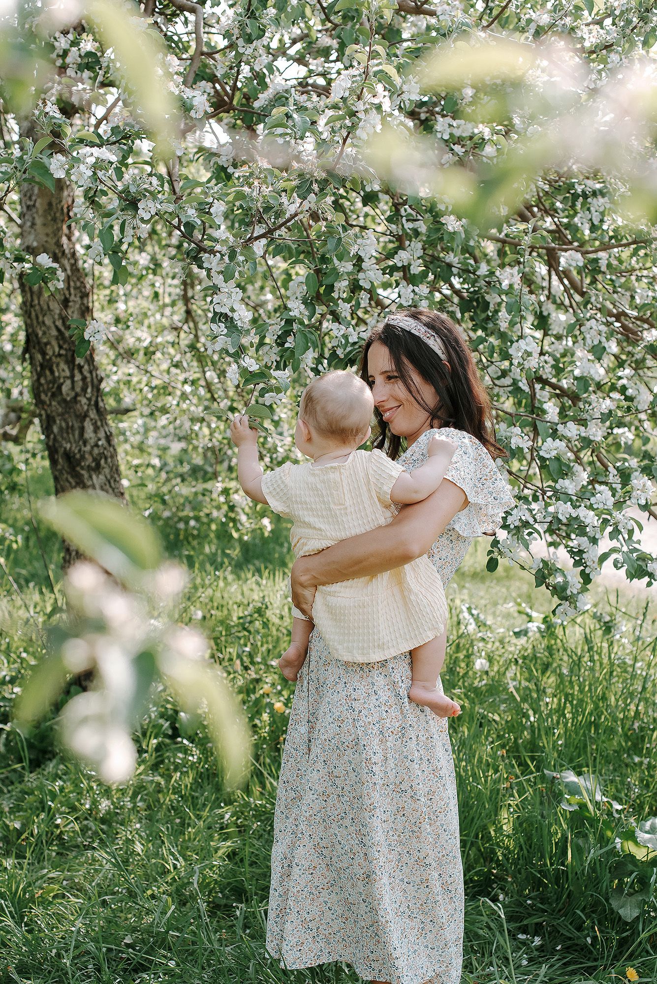 A tender moment captured in a blooming spring orchard with white flowers and lush green grass.