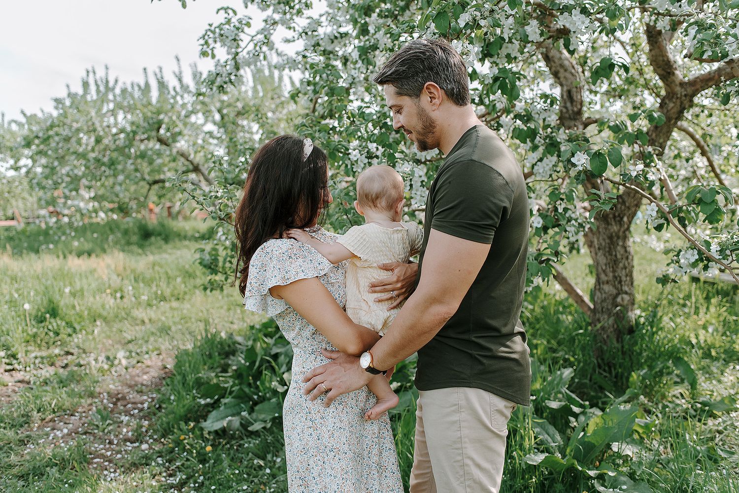 A family spends time together in a sun-dappled apple orchard on a spring afternoon.
