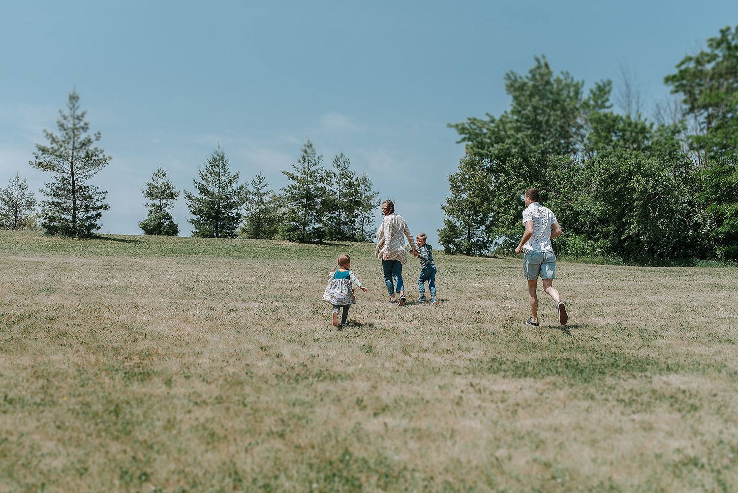 Family running together through a sunny hillside meadow with evergreen trees in the background on a summer day.