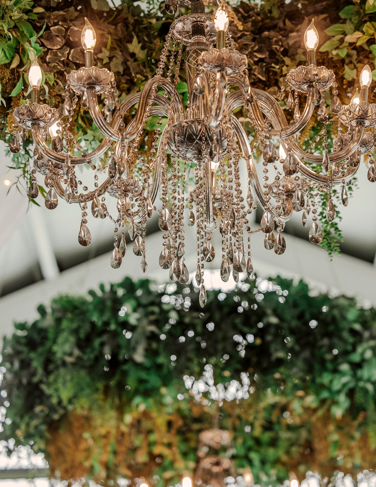 Elegant crystal chandelier with sparkling glass teardrops hangs above lush greenery at an outdoor wedding venue.