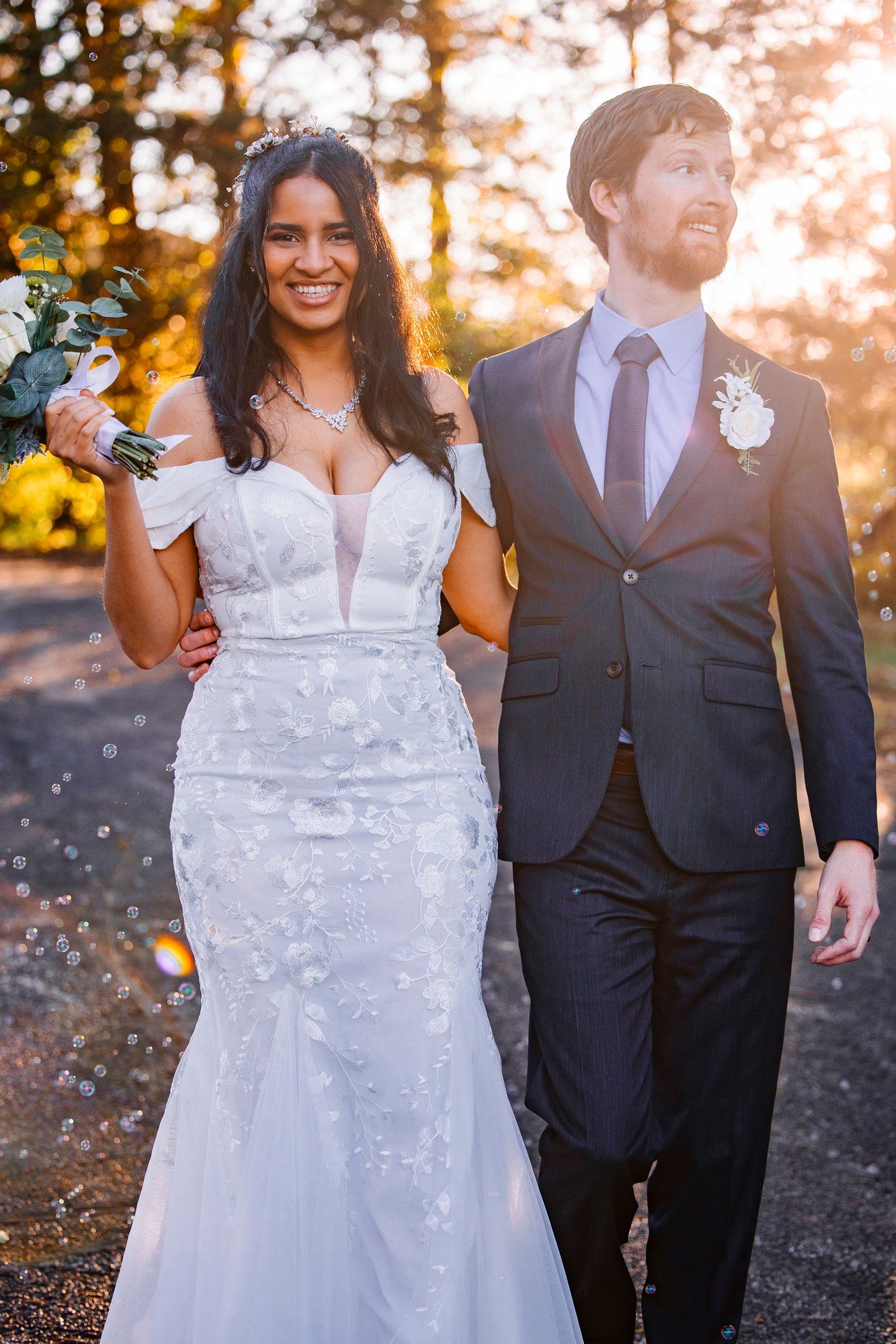 A bride and groom share four romantic moments at sunset, with the bride wearing a lace gown and groom in a navy suit.