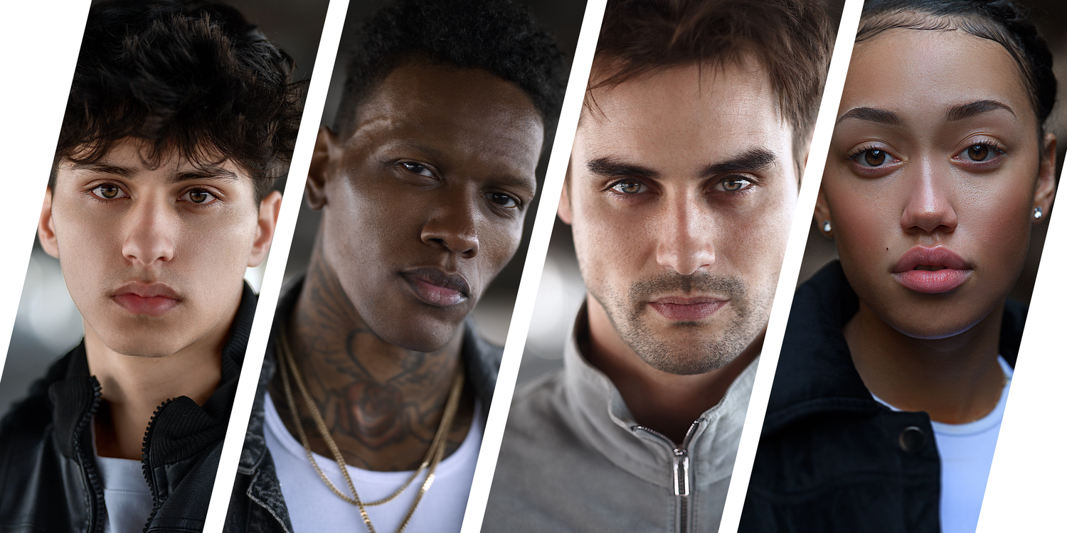 A composite portrait image of four diverse young people shown in vertical panels against a dark background.