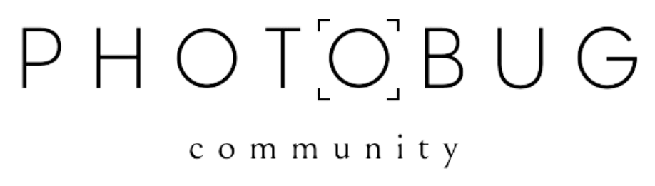 Black and white Photobug Community logo design with circular letters and text arrangement.
