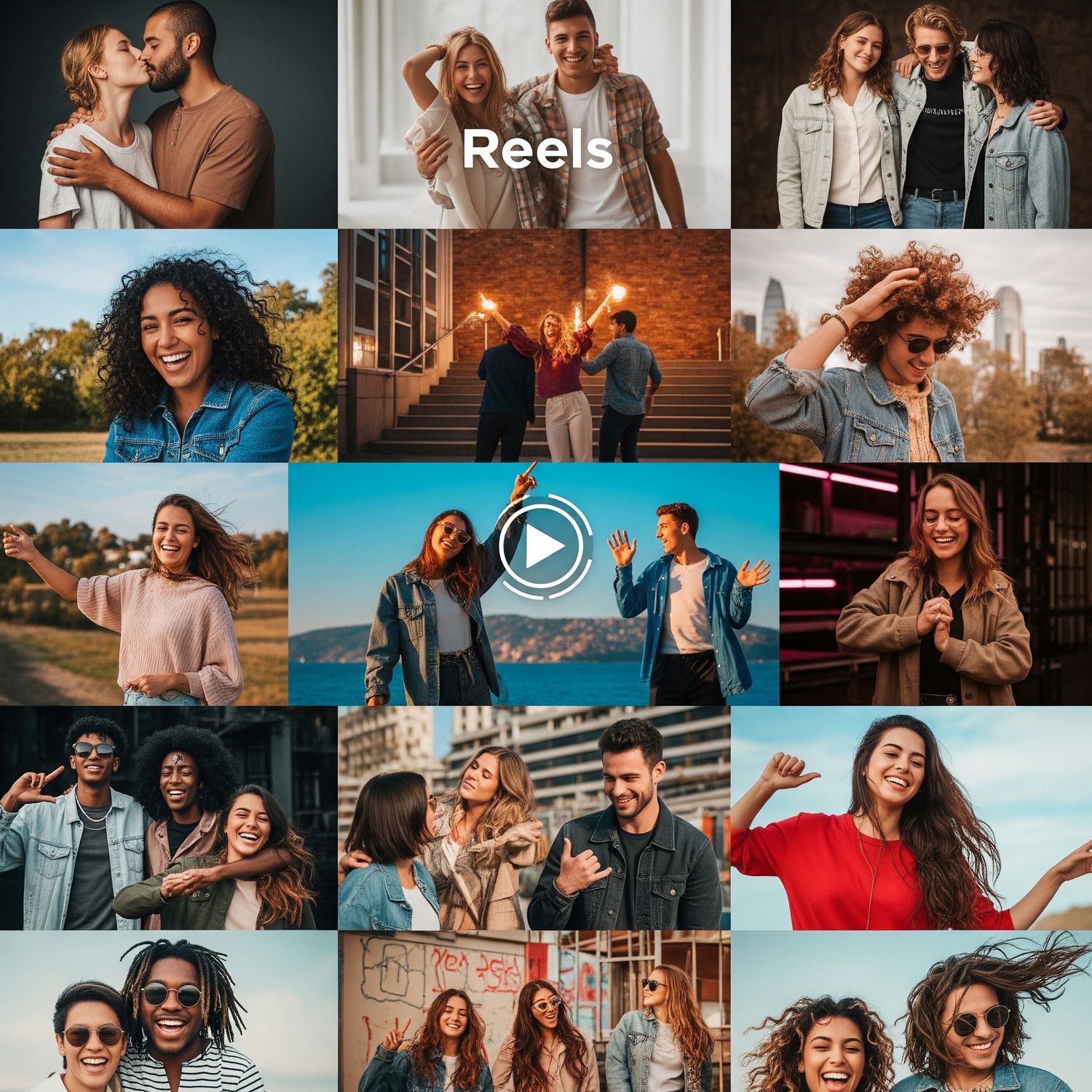 Diverse collection of lifestyle photos showing happy couples and friends enjoying candid moments together outdoors and indoors.