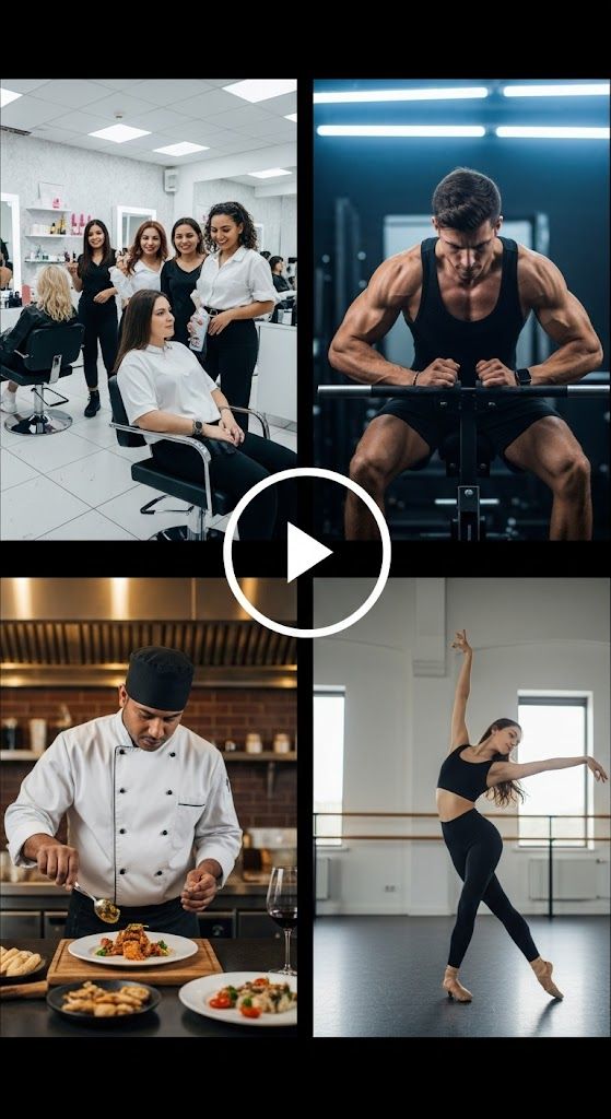 A four-panel collage showing a salon interior, gym workout, chef plating food, and ballet dancer practicing in a studio.