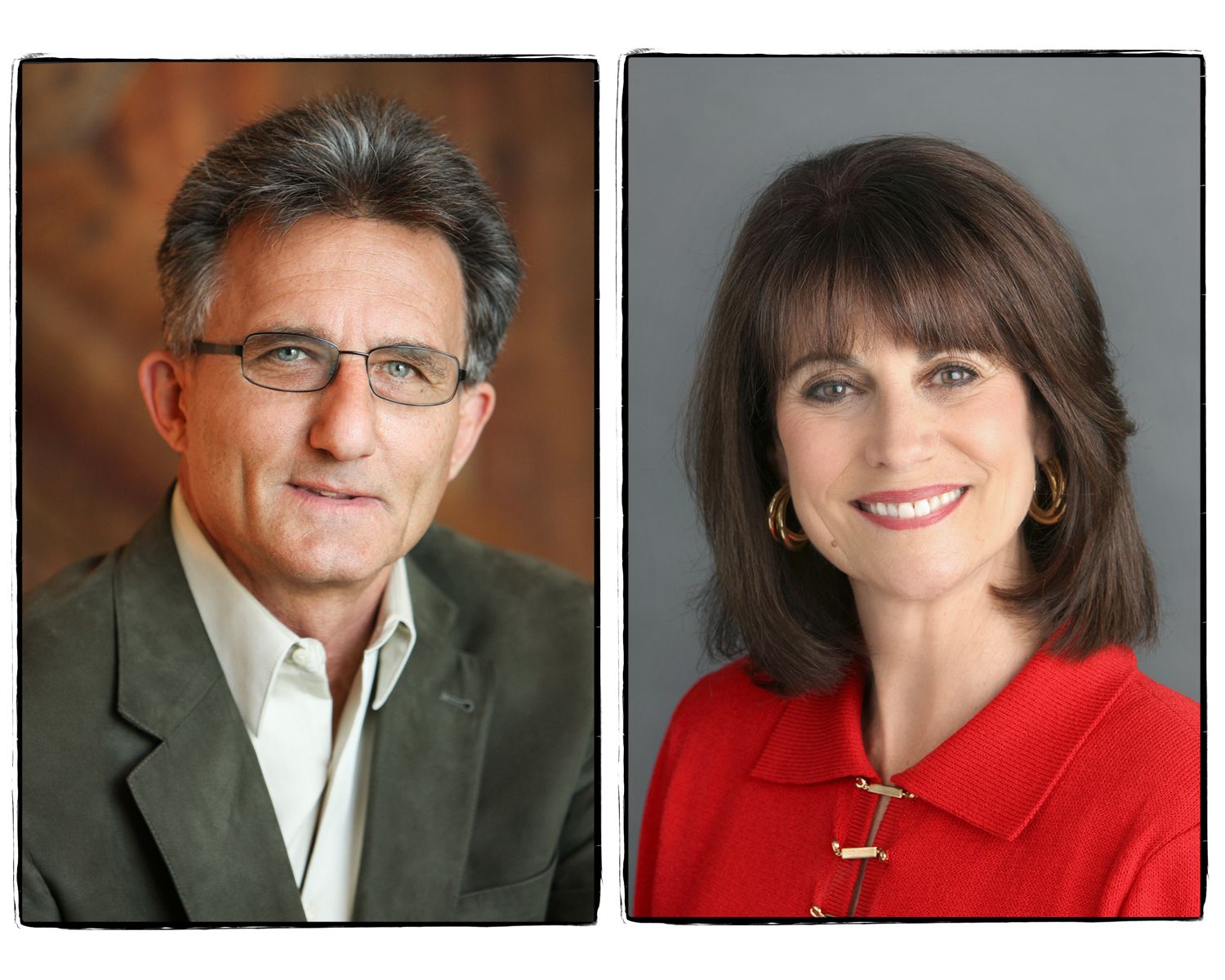Professional headshots of a man in grey business attire with glasses and a woman wearing a red collared top.