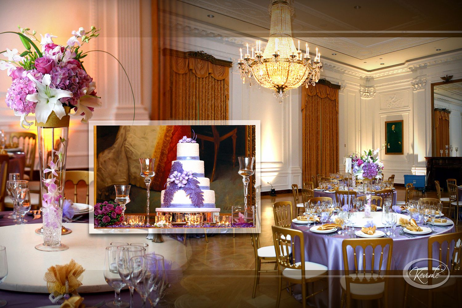 Elegant wedding reception hall with purple floral centerpieces, chandelier and tiered cake display.