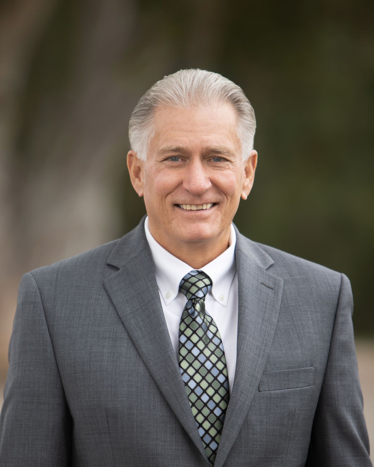 Professional portrait of a man with gray hair wearing a gray suit and patterned tie.