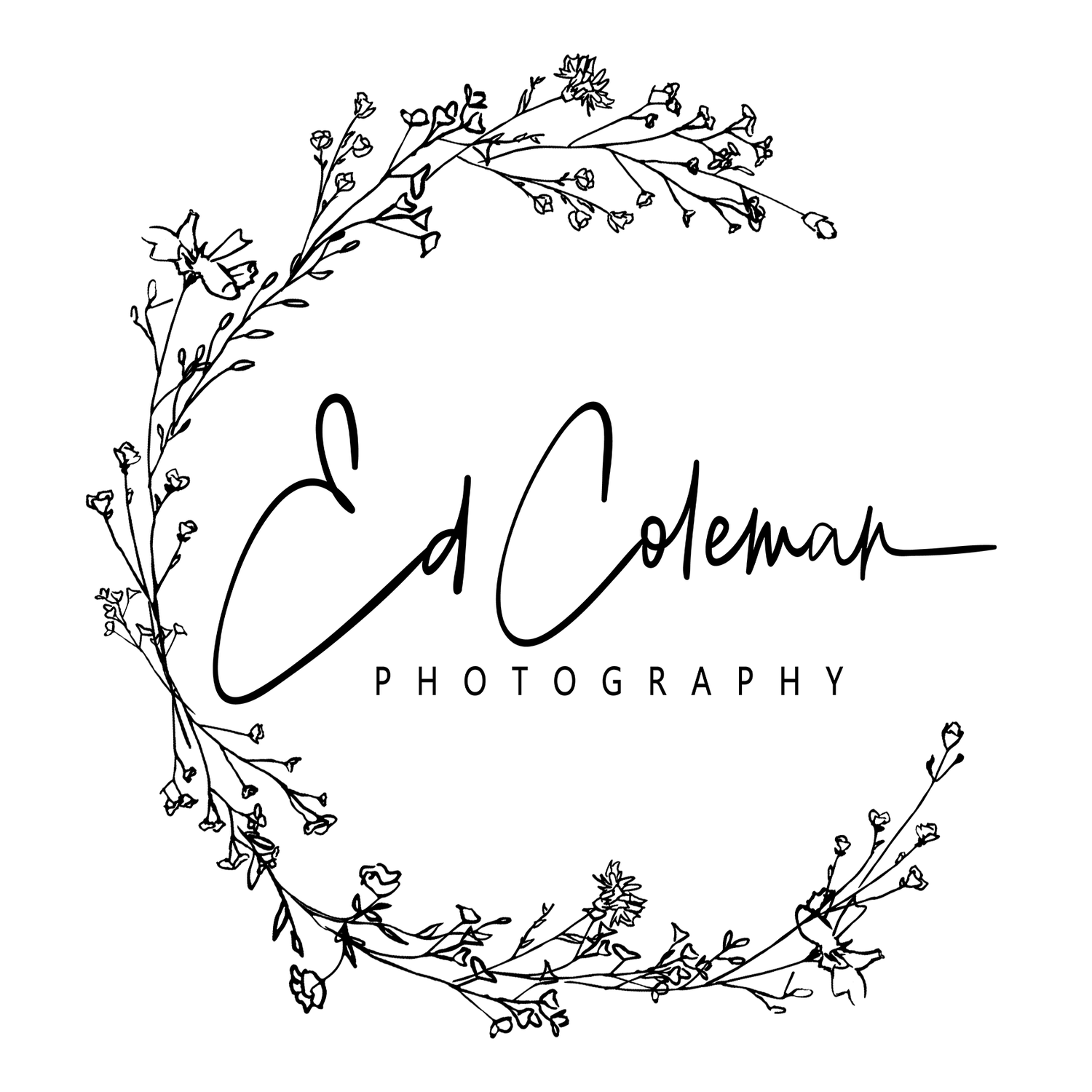 Elegant photography logo design with handwritten text and delicate floral branch wreath artwork in black and white.