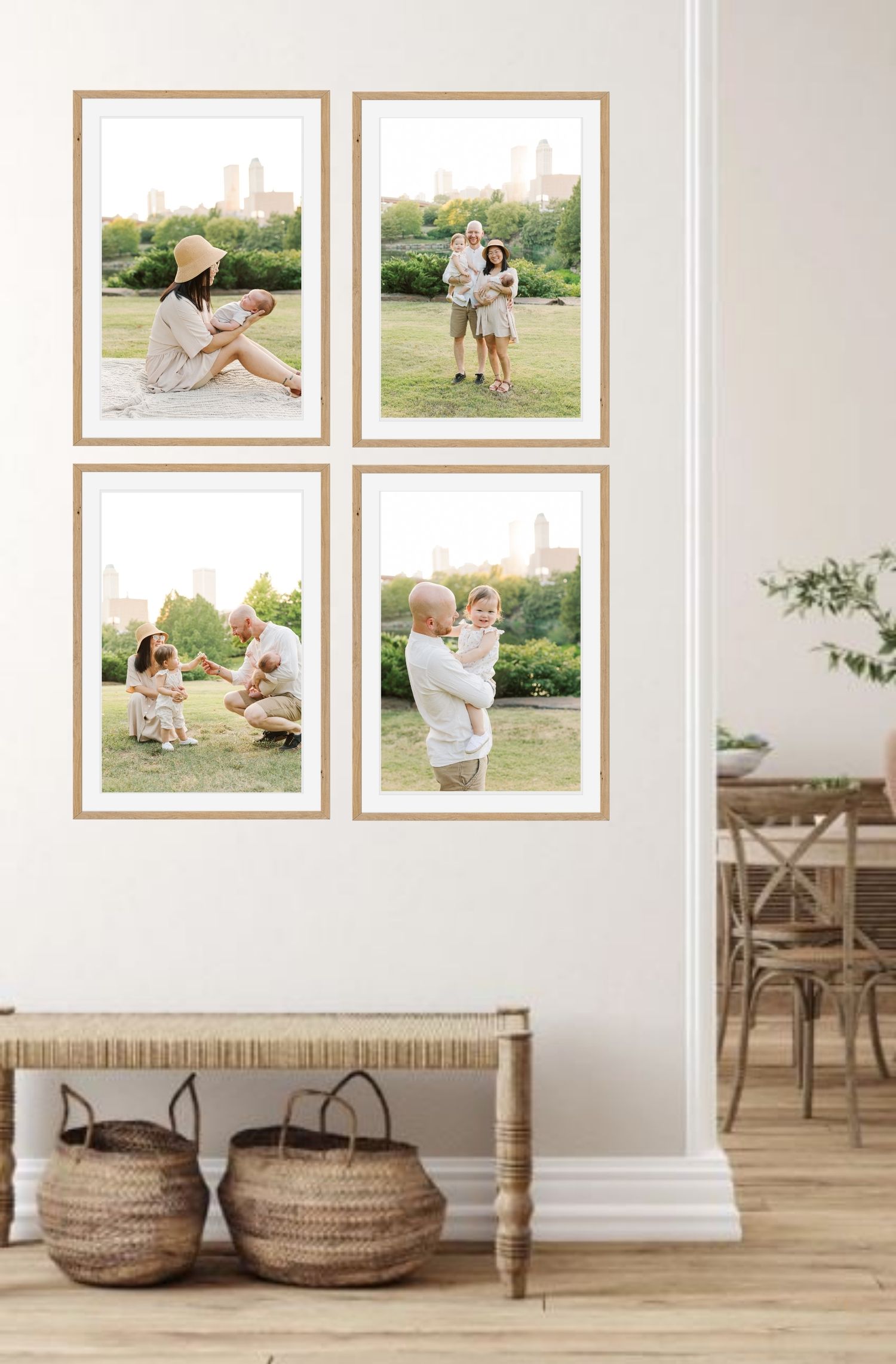 Four framed photographs on a white wall above woven baskets and a wooden bench in a bright modern interior space.