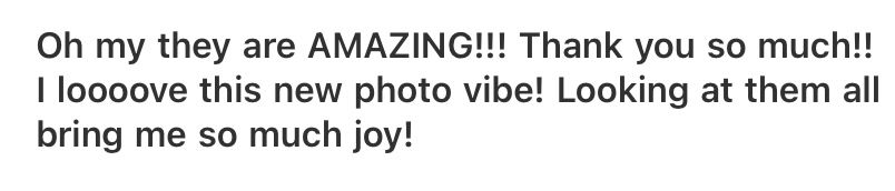 An enthusiastic social media comment expressing joy about photo content with multiple exclamation marks.