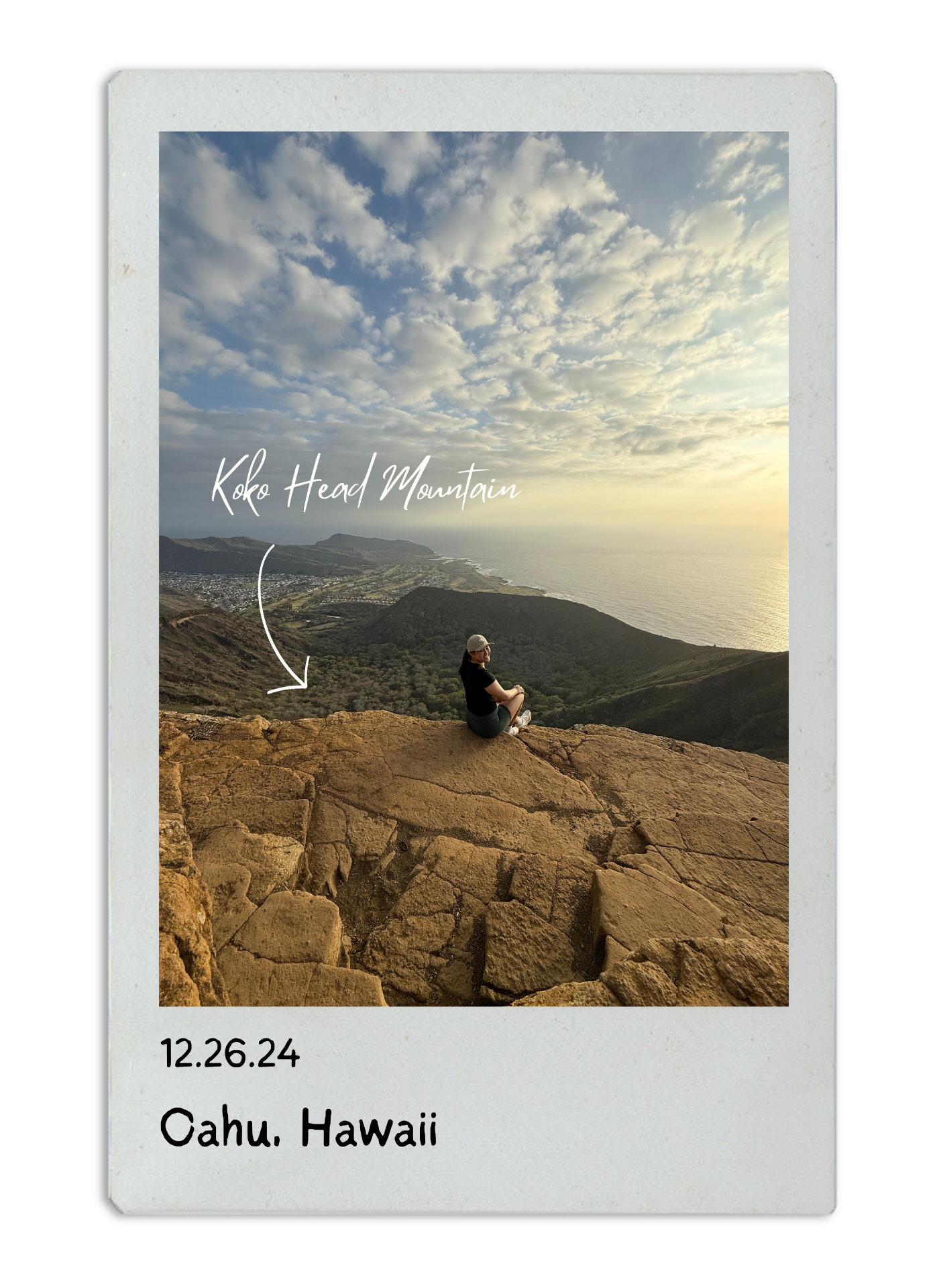 Person sitting on rocky cliff edge overlooking coastal mountains during sunset in Oahu Hawaii.