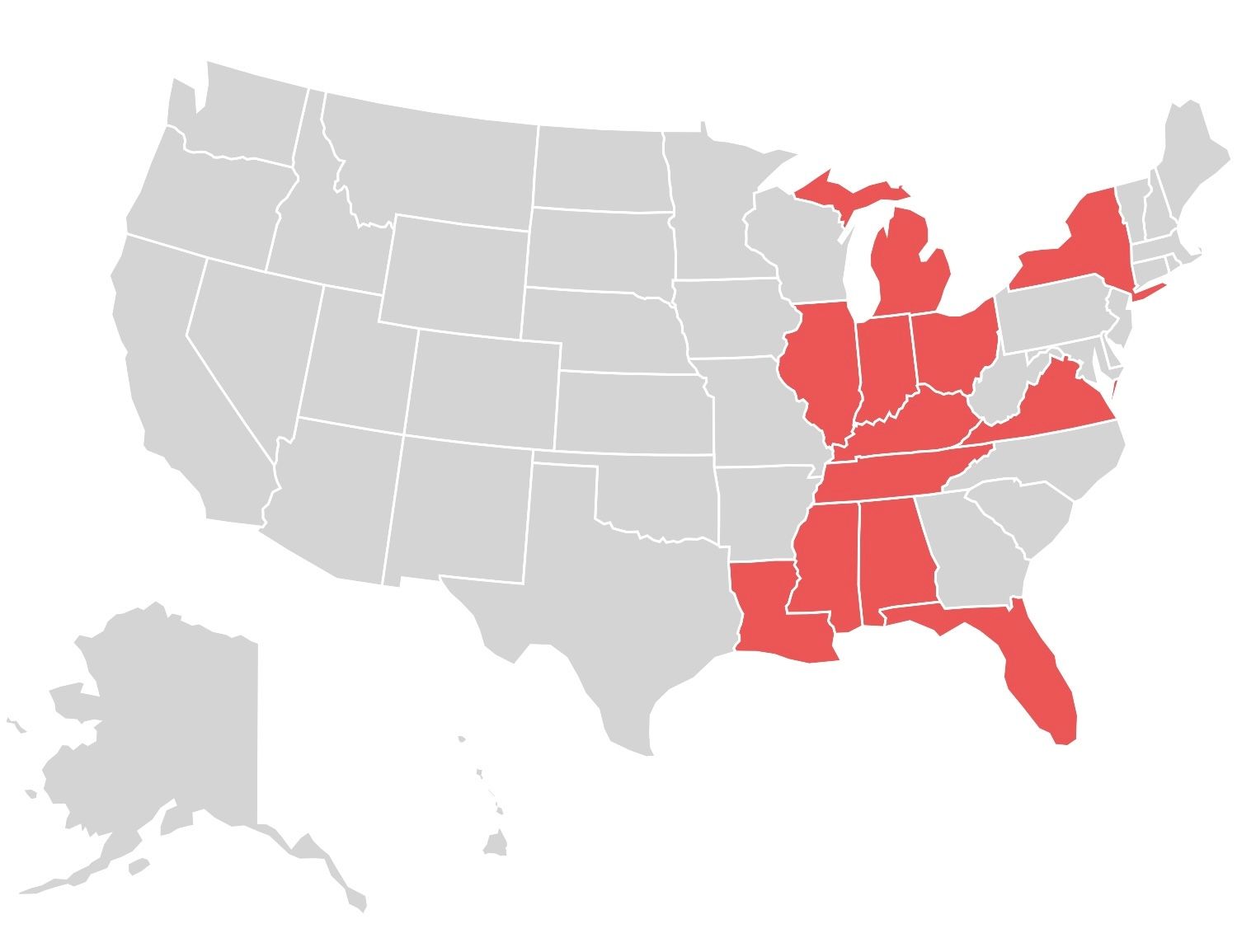 A map of the United States highlighting several southeastern and midwest states in red while others remain gray.