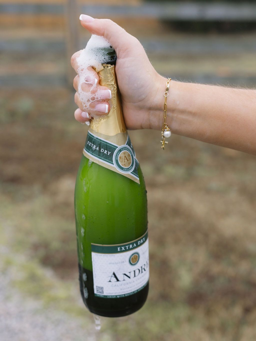 Hand holding a bottle of Andre sparkling wine while wearing a delicate bracelet against a blurred outdoor background.