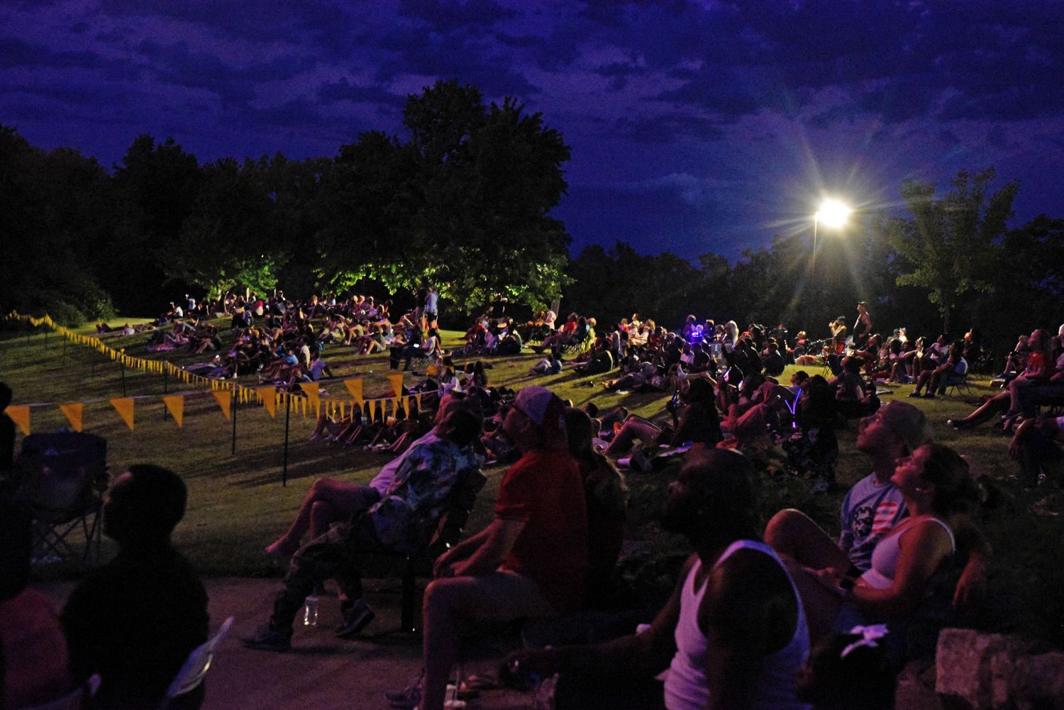 Residents sit and lay in the grass as fireworks go off in the sky Thursday at Stephens Lake Park in Columbia.