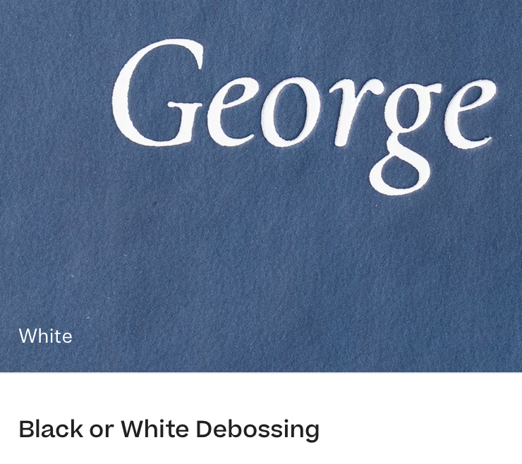 Close-up of elegant typography showing 'George' text with white or black debossing effect on navy blue background.