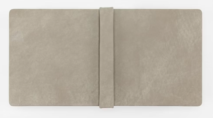 A light gray wallet or passport holder with elastic band closure shown open and lying flat on white surface.