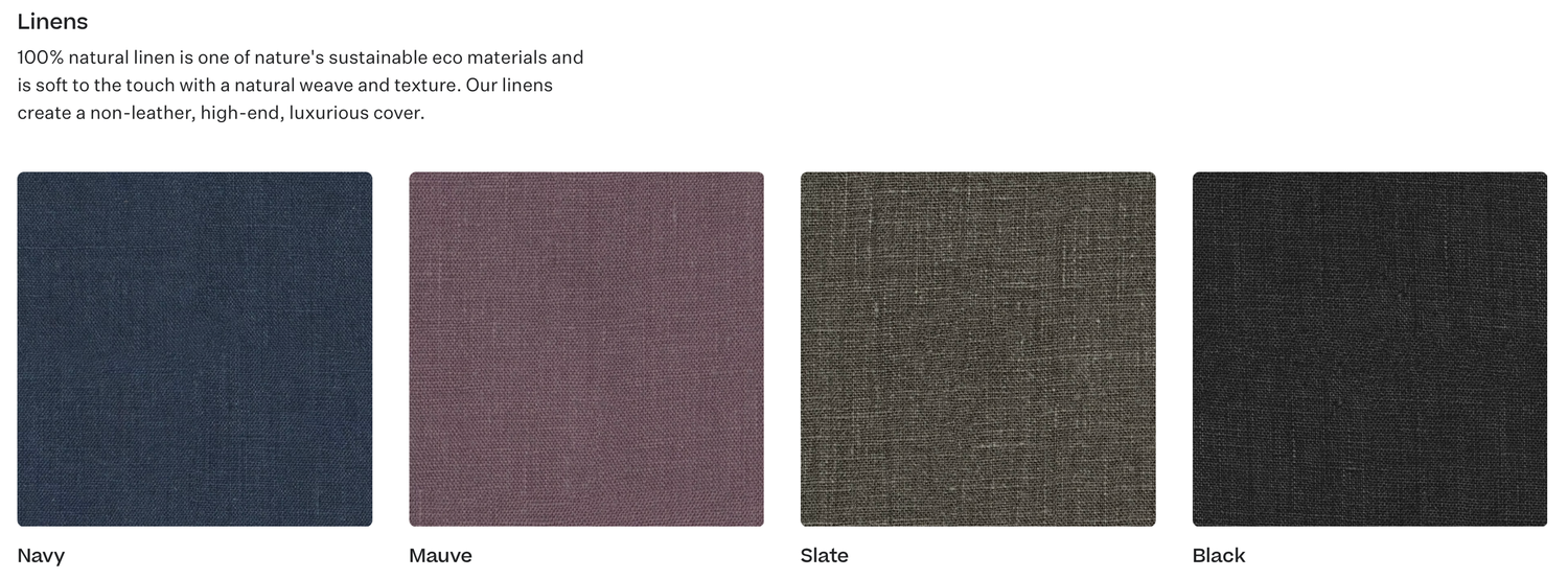 Four upholstery fabric swatches in navy blue, dusty mauve, charcoal gray, and black arranged in a row against white background.