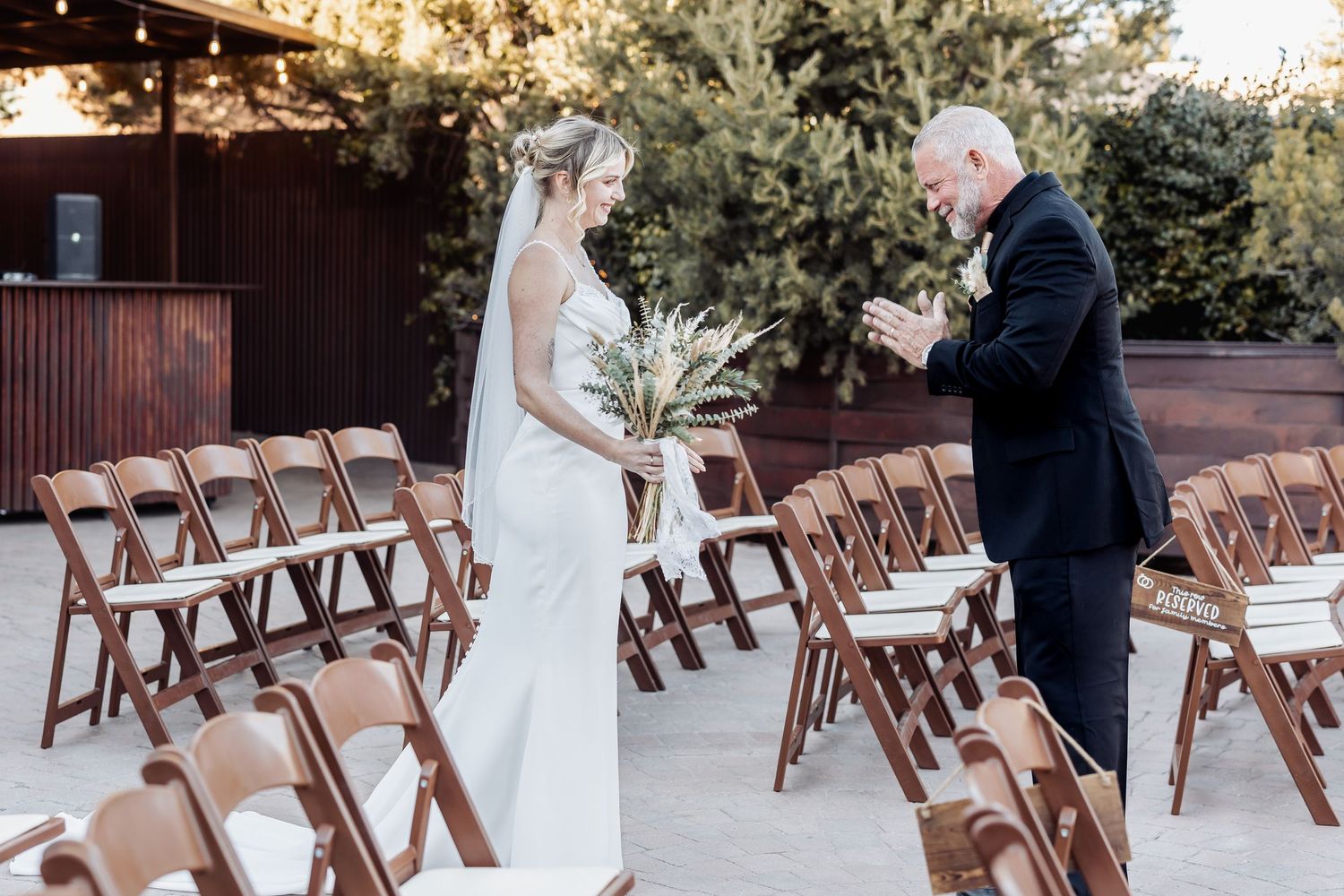 A sequence of wedding ceremony photos showing wooden folding chairs set up in rows outdoors with trees and foliage behind.