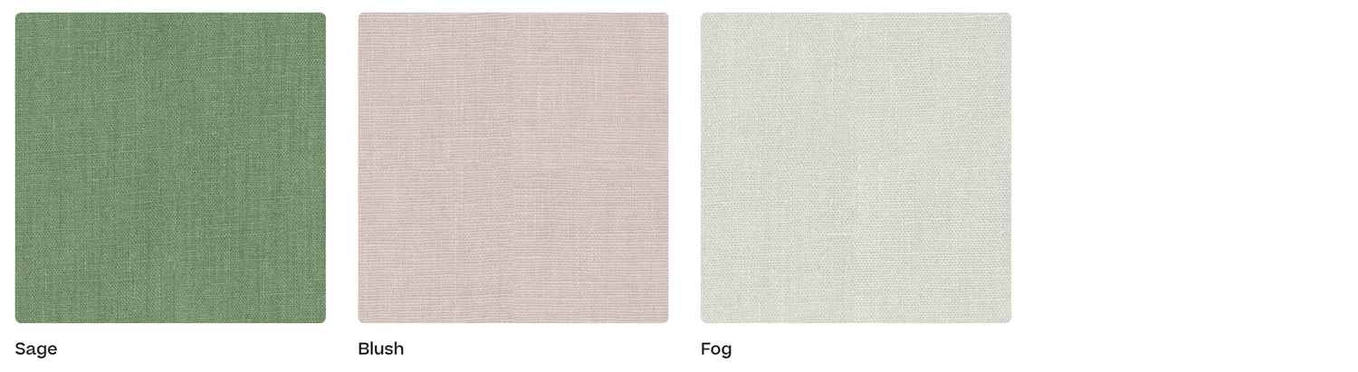 Three square fabric swatches showing serene green, blush pink, and light gray color options arranged horizontally.