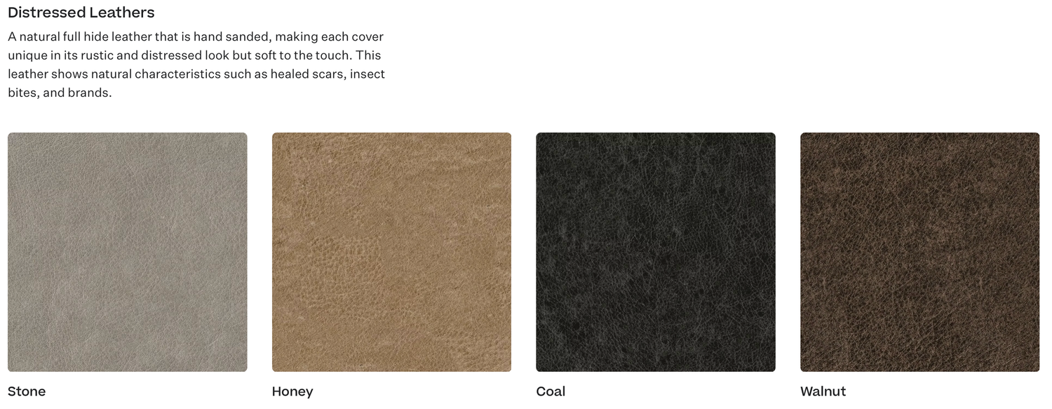 Collection of swatches showing various shades of brown, gray, and black finishes arranged in a horizontal row.
