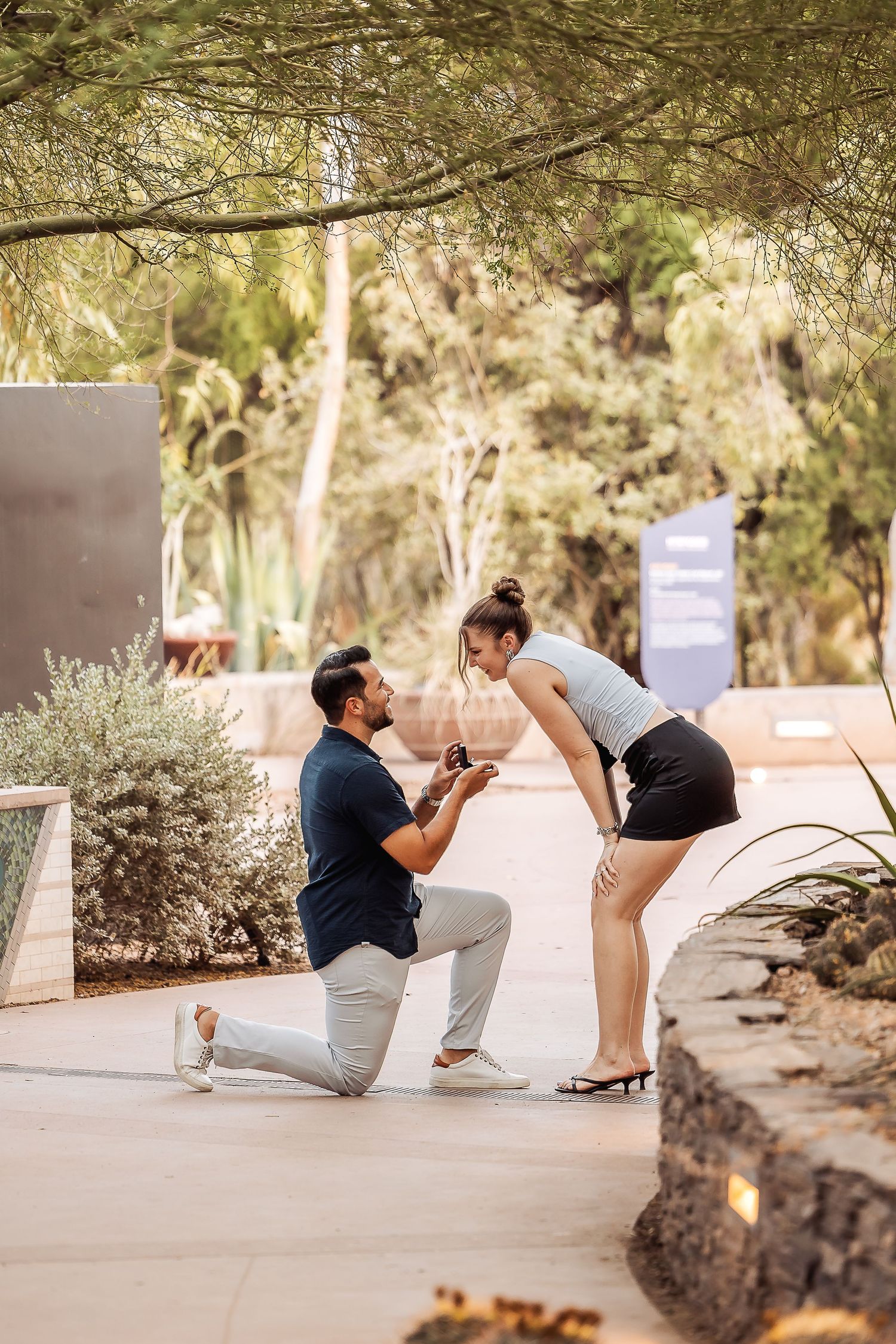 A proposal moment captured in a series of photographs showing a couple during their engagement in an outdoor nature setting.