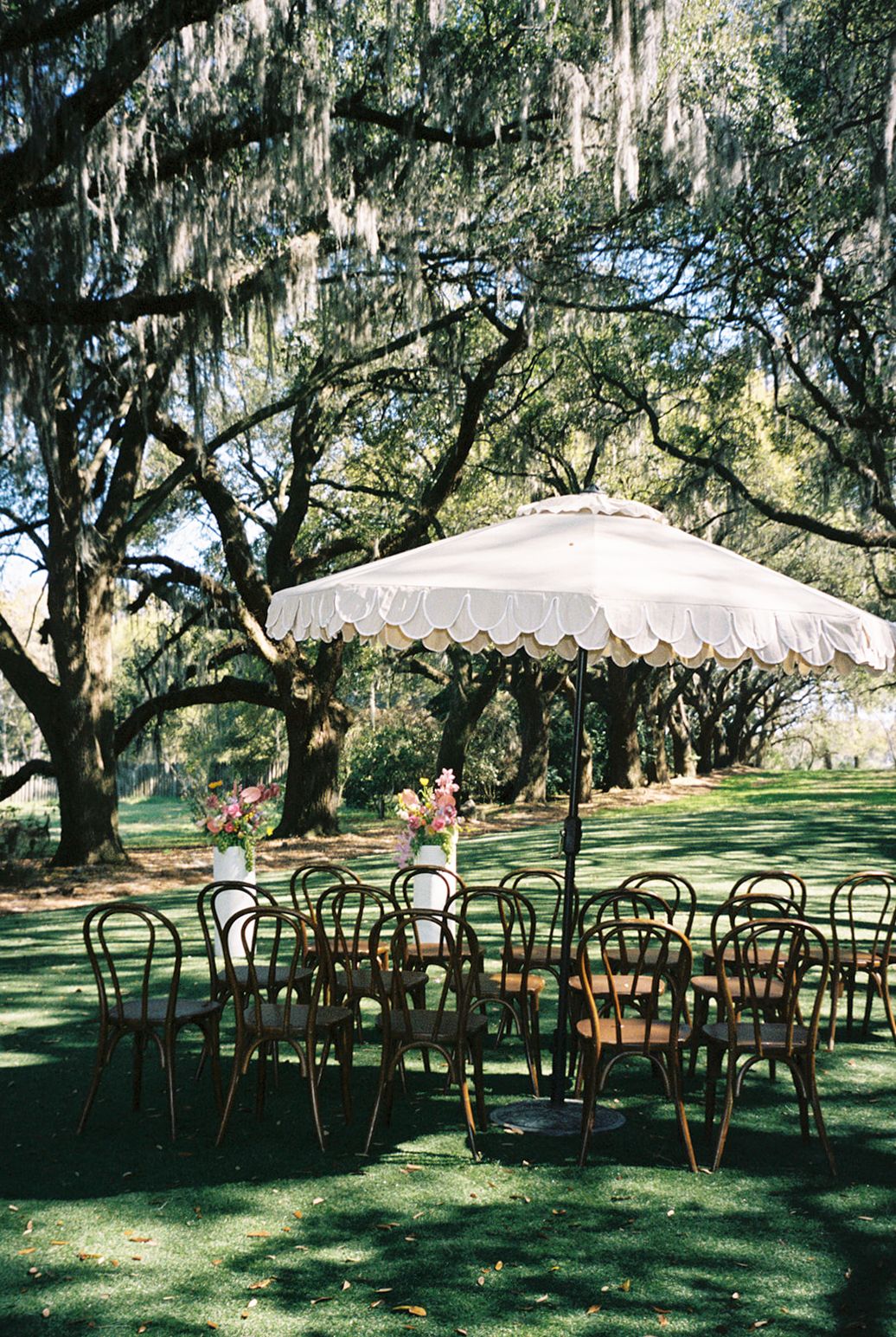 Elegant outdoor wedding ceremony setup with wooden cross-back chairs arranged on a lush lawn under moss-draped oak trees.