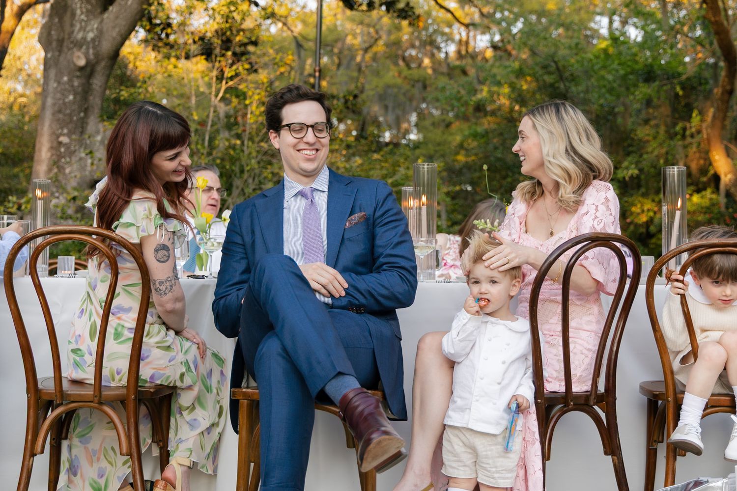 A series of wedding photos showing joyful moments between couples and their families during an outdoor celebration.