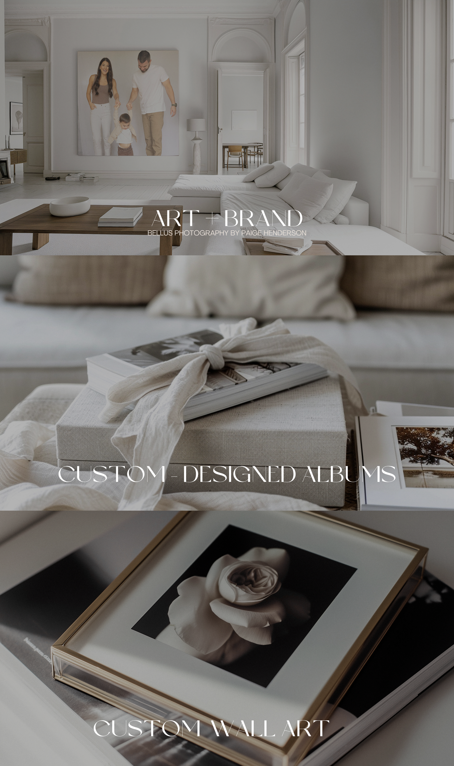 Custom photo album and wall art display showing elegant white design studio space with photography samples and products.