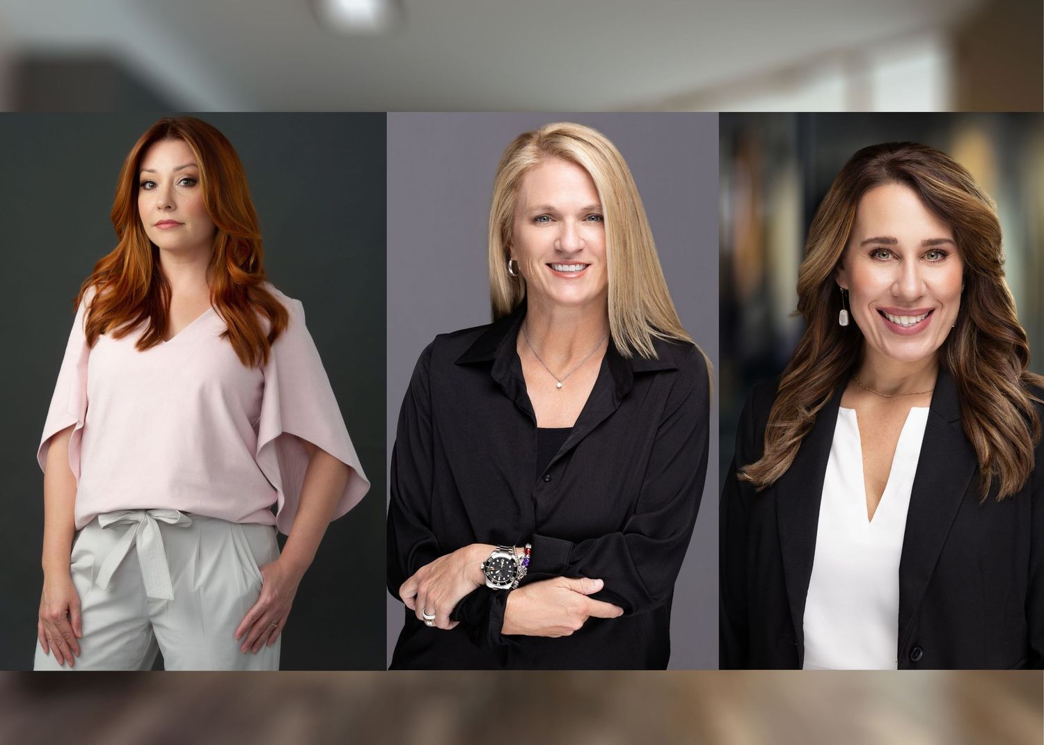 Three professional headshots of women in business attire against neutral backgrounds.